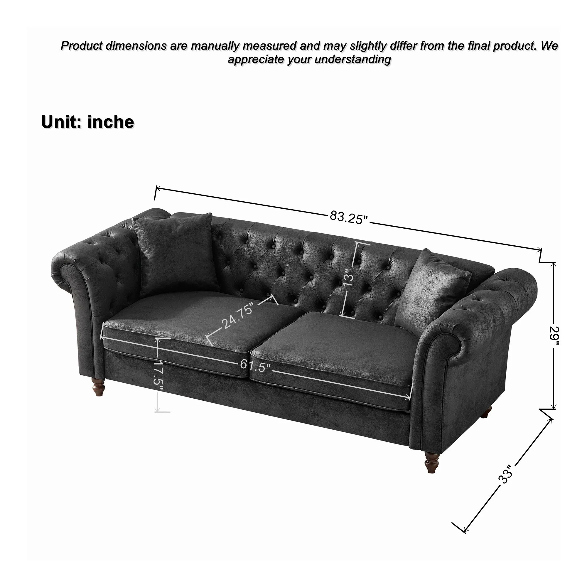 Chesterfield Sofa, High Tech Fabric Roll Armrest, 3 Seater Mid Century Modern Couch - Black - Image 4