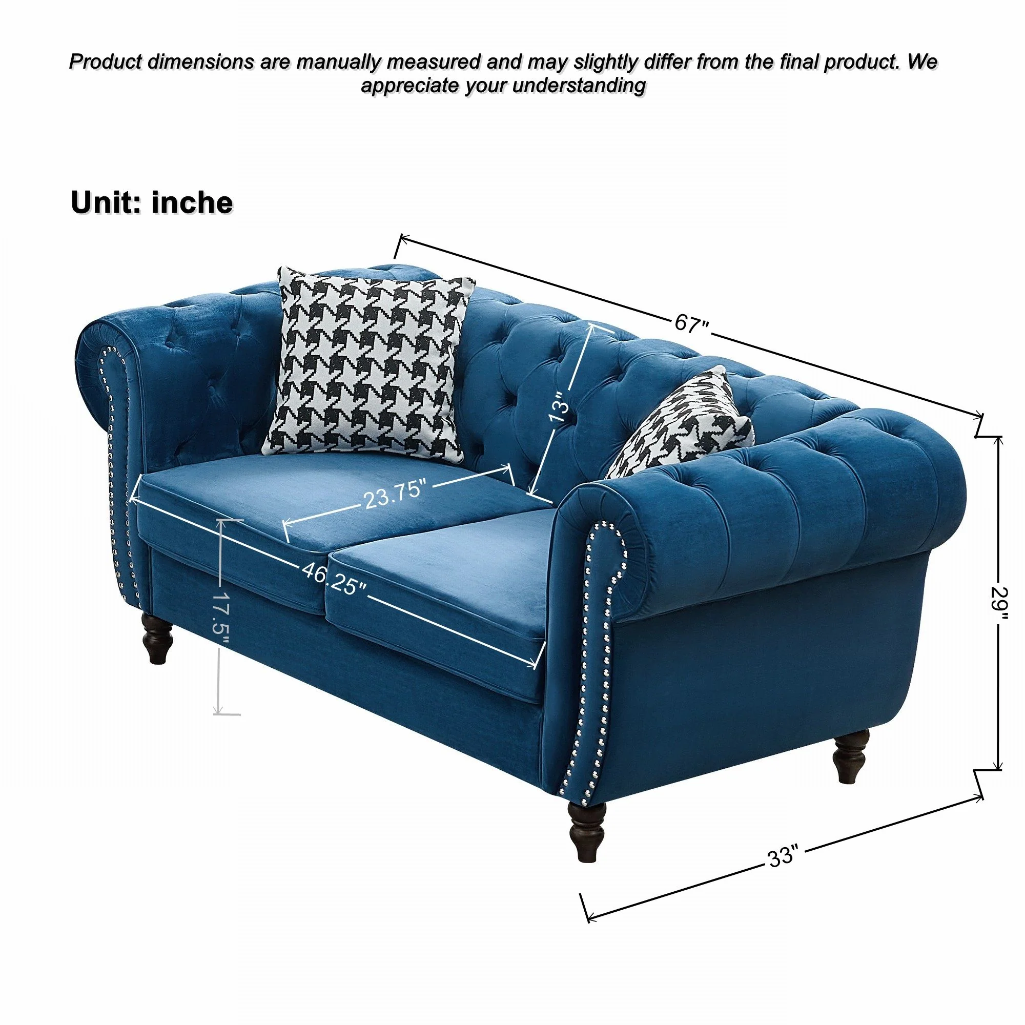 Chesterfield Fabric Sofa With Roll Armrest And Nailhead, Mid Century 2 Seater Couch In - Image 4