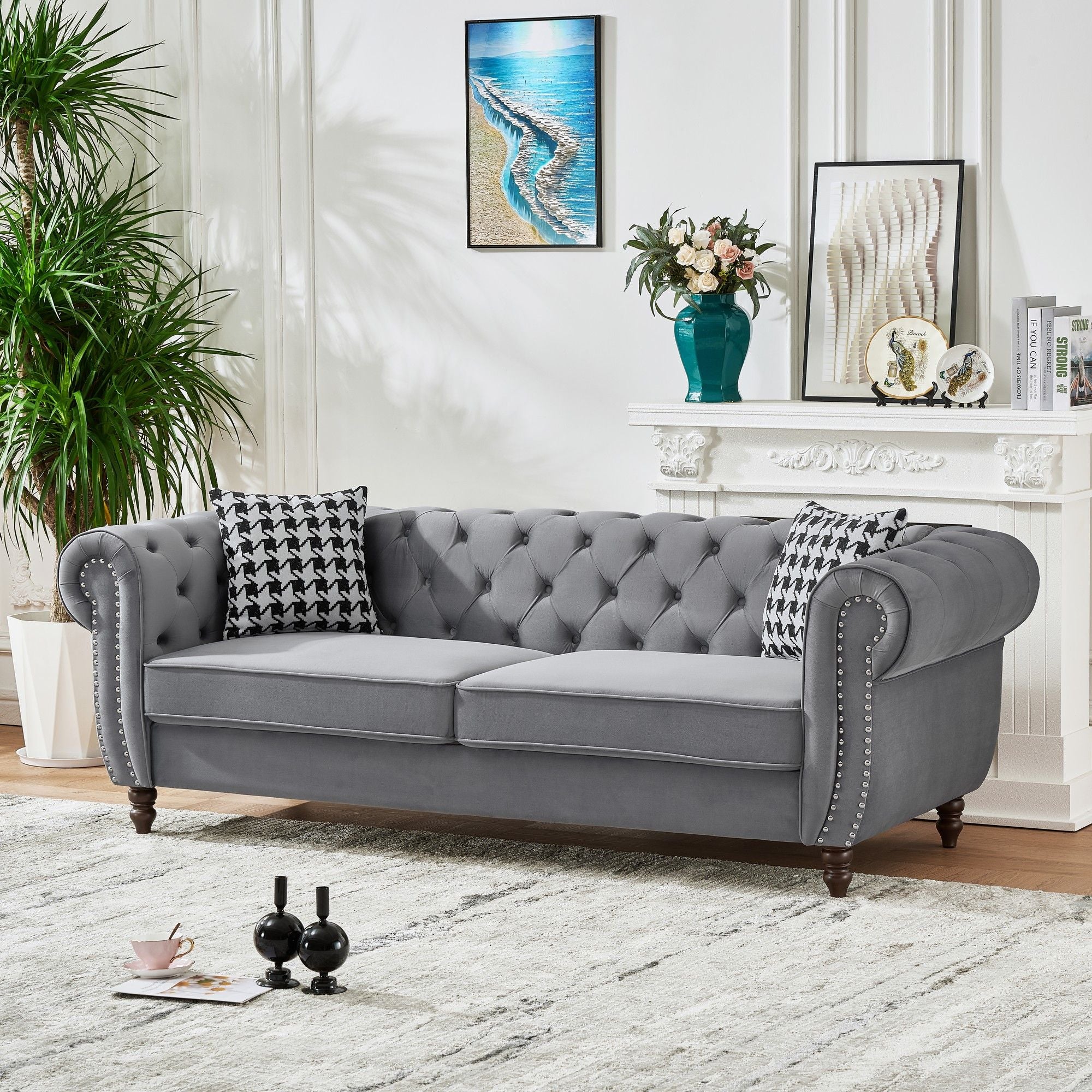 Chesterfield Upholstery Fabric Sofa With Roll Armrest & Nailhead - Image 5