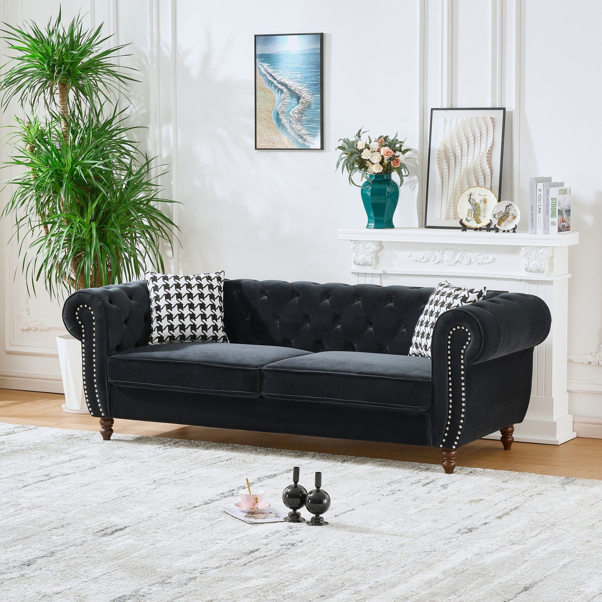 Chesterfield Upholstery Fabric Sofa With Roll Armrest & Nailhead - Image 6