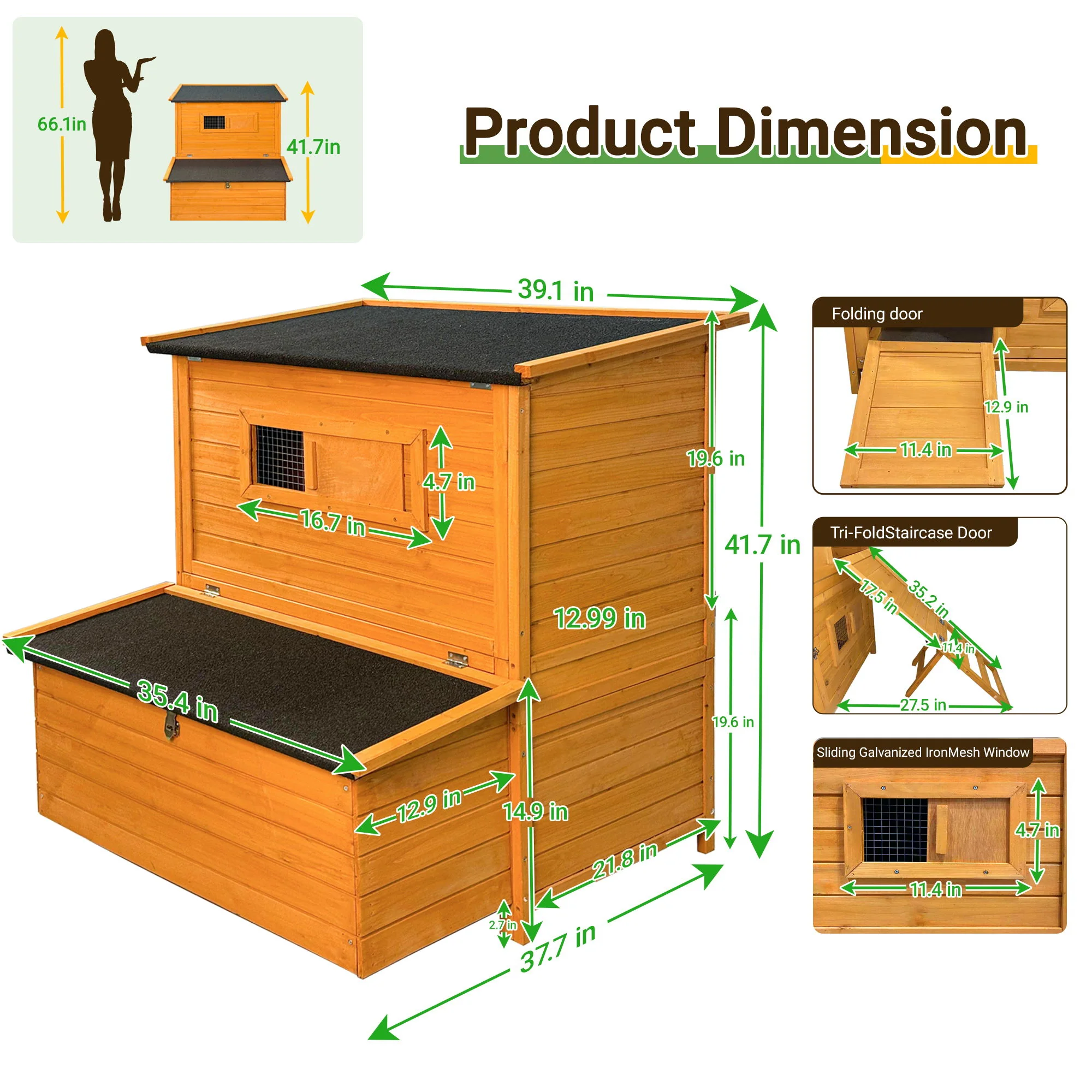 Chicken Coop, Large Chicken Coop With 3 Nesting Boxes, Foldable Ramp And Flip Up Asphalt Roof - Orange - Image 2