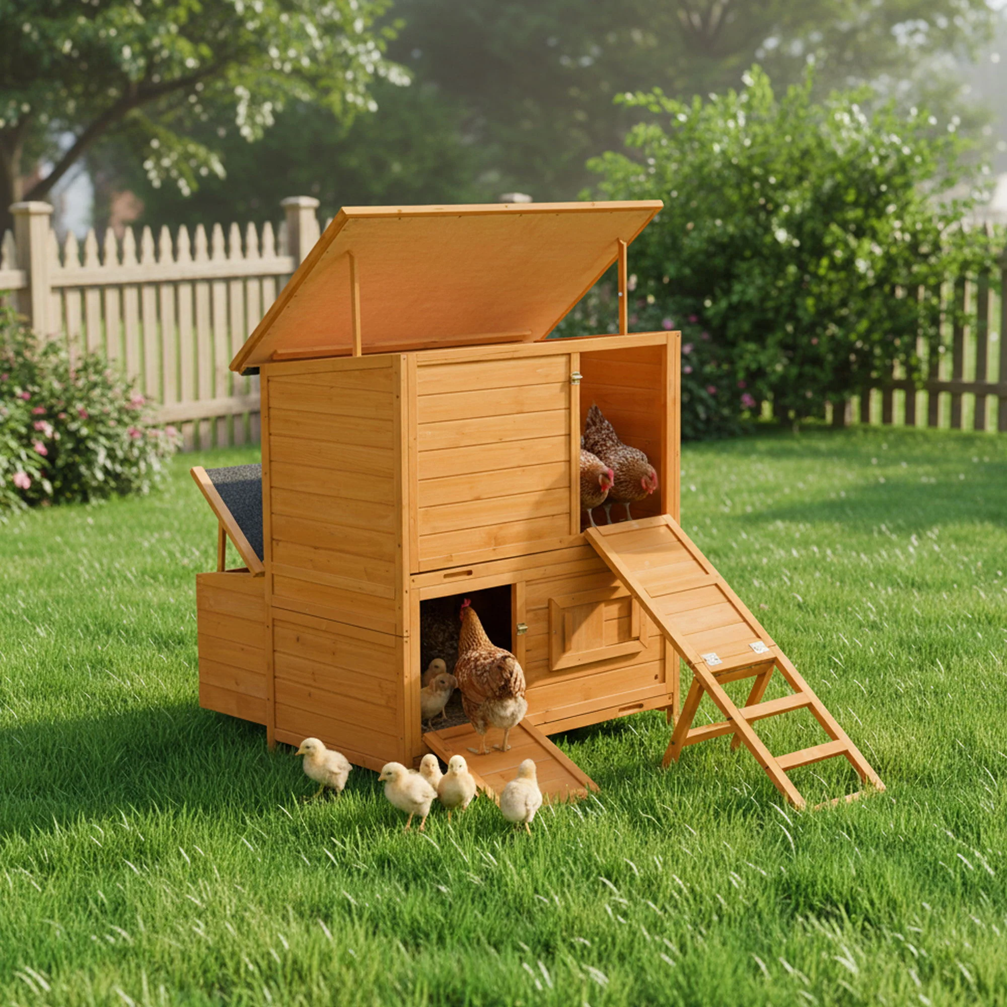 Chicken Coop, Large Chicken Coop With 3 Nesting Boxes, Foldable Ramp And Flip Up Asphalt Roof - Orange - Image 3