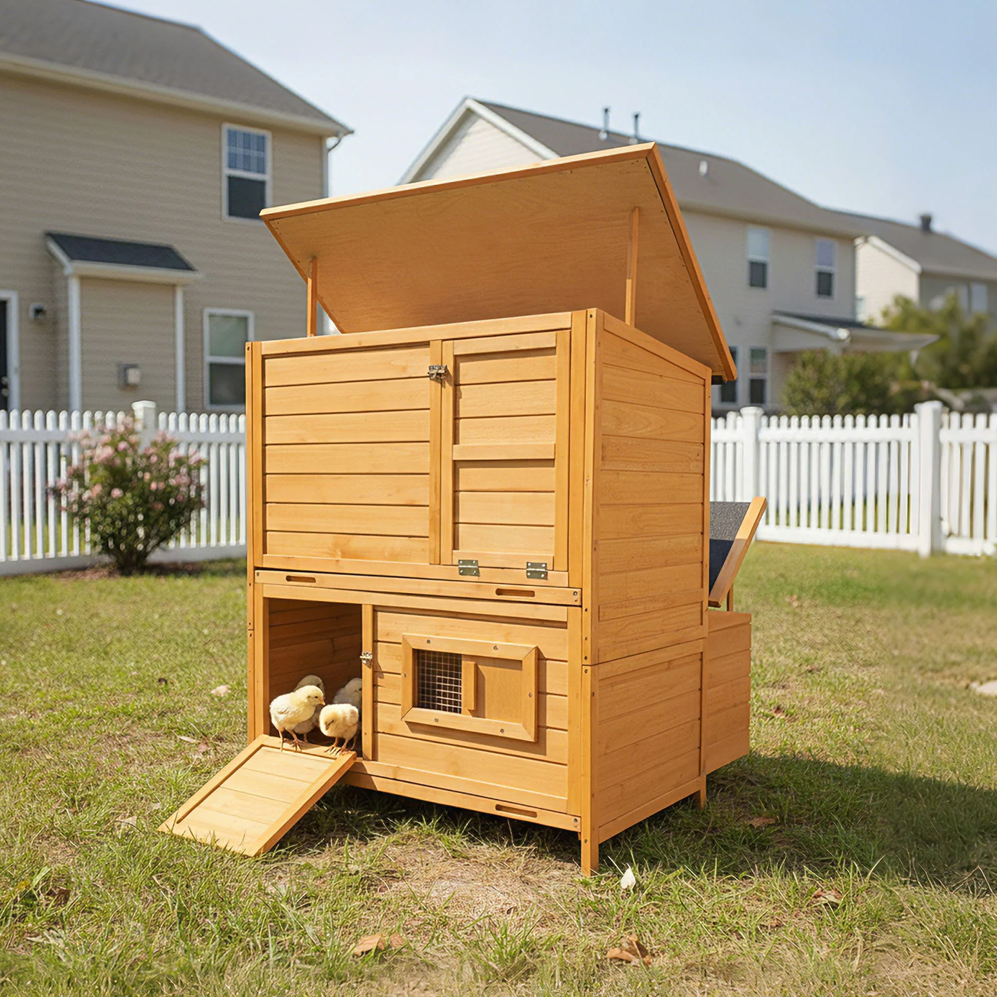 Chicken Coop, Large Chicken Coop With 3 Nesting Boxes, Foldable Ramp And Flip Up Asphalt Roof - Orange - Image 4