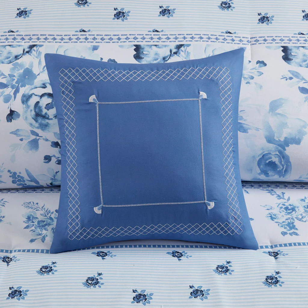 Christa - Floral Striped Comforter Set - Blue - Image 4