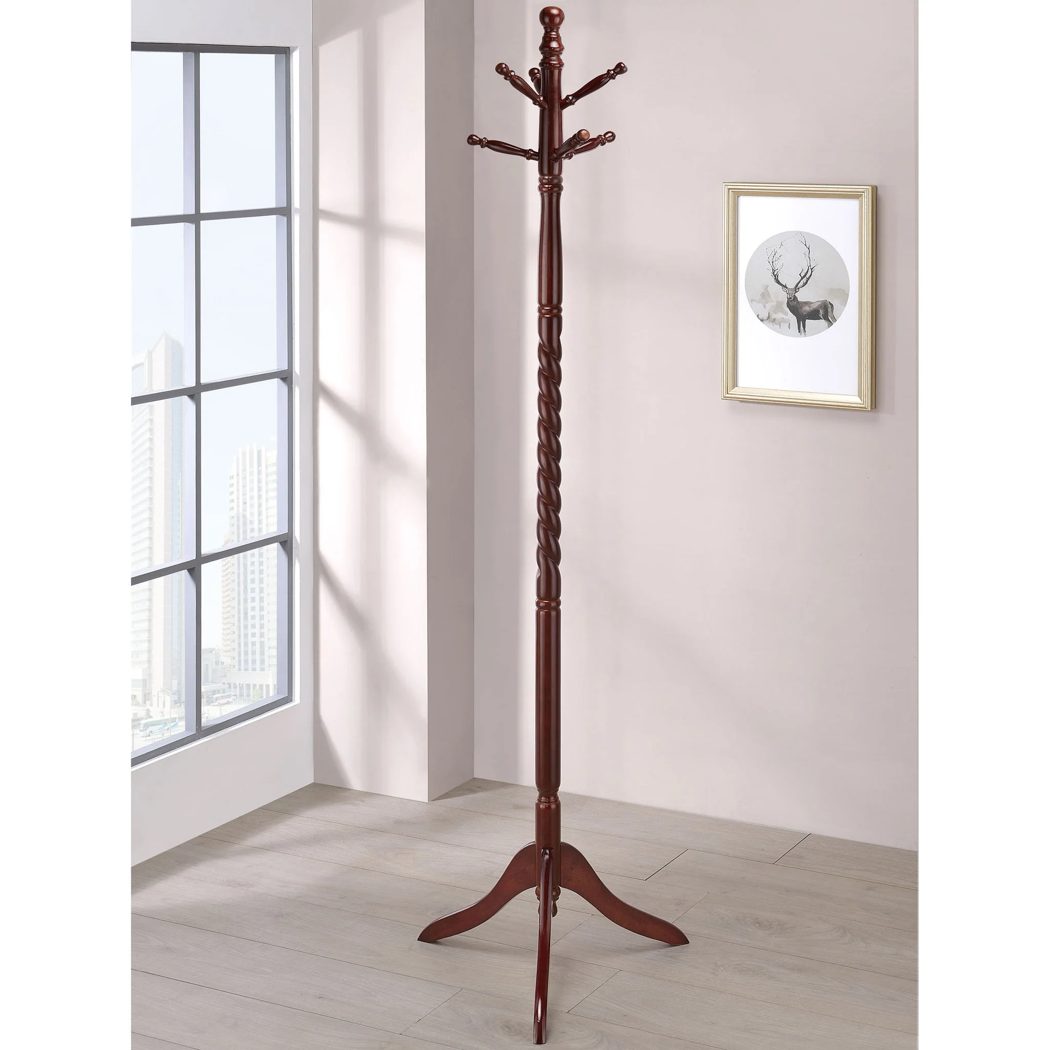 Coat Rack With Post Traditional Entryway Organizer With 6 Hooks - Brown - Image 3