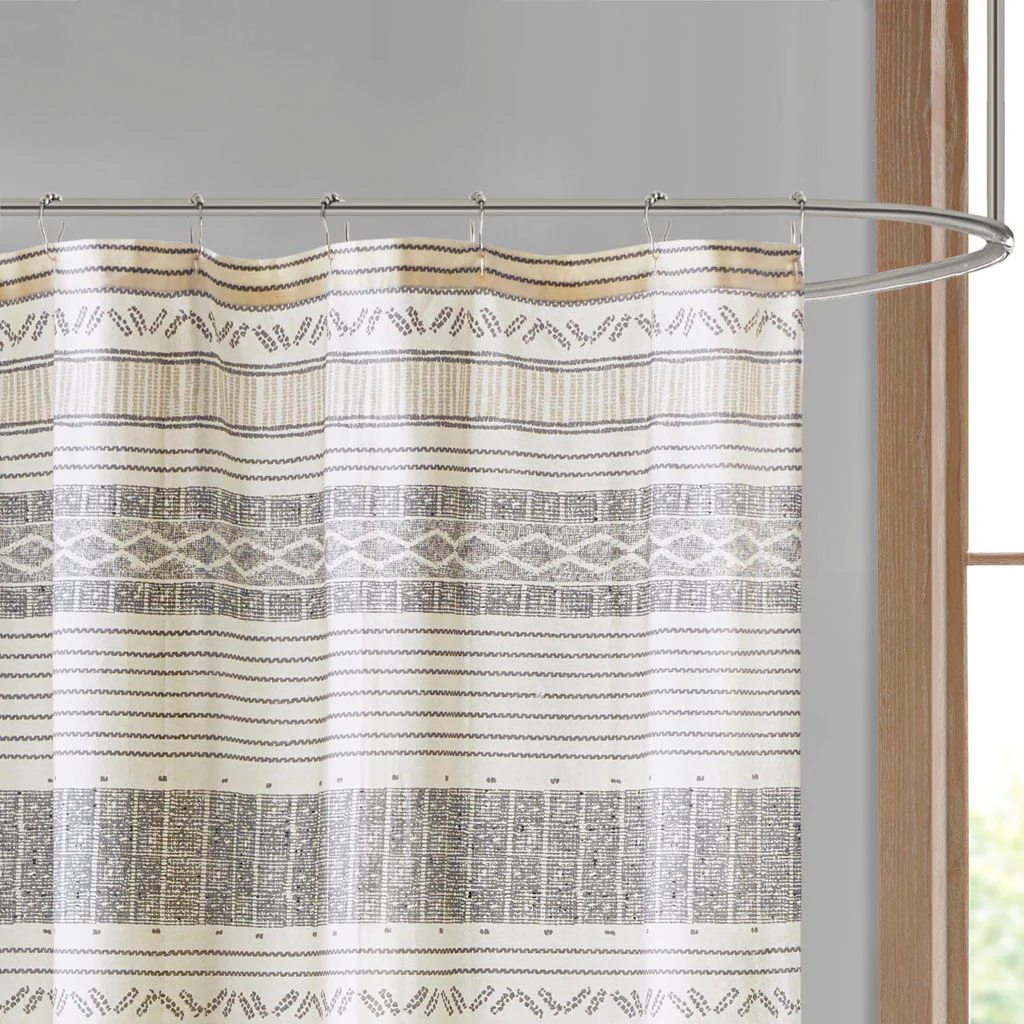 Cody - Cotton Stripe Printed Shower Curtain With Tassel - Gray / Yellow - Image 4
