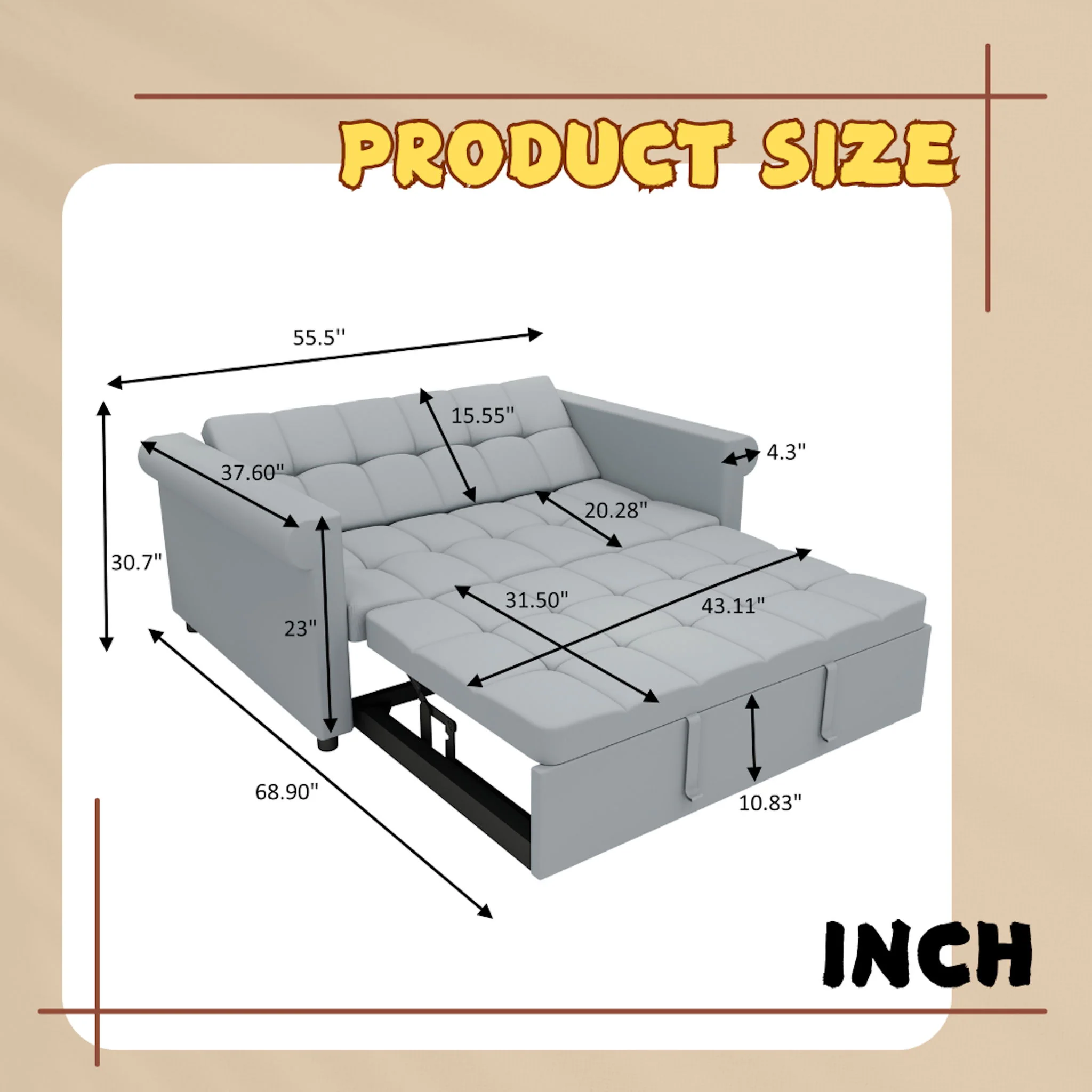 Compact Loveseat With Trundle Sleeper And Storage Pocket - Gray - Image 2