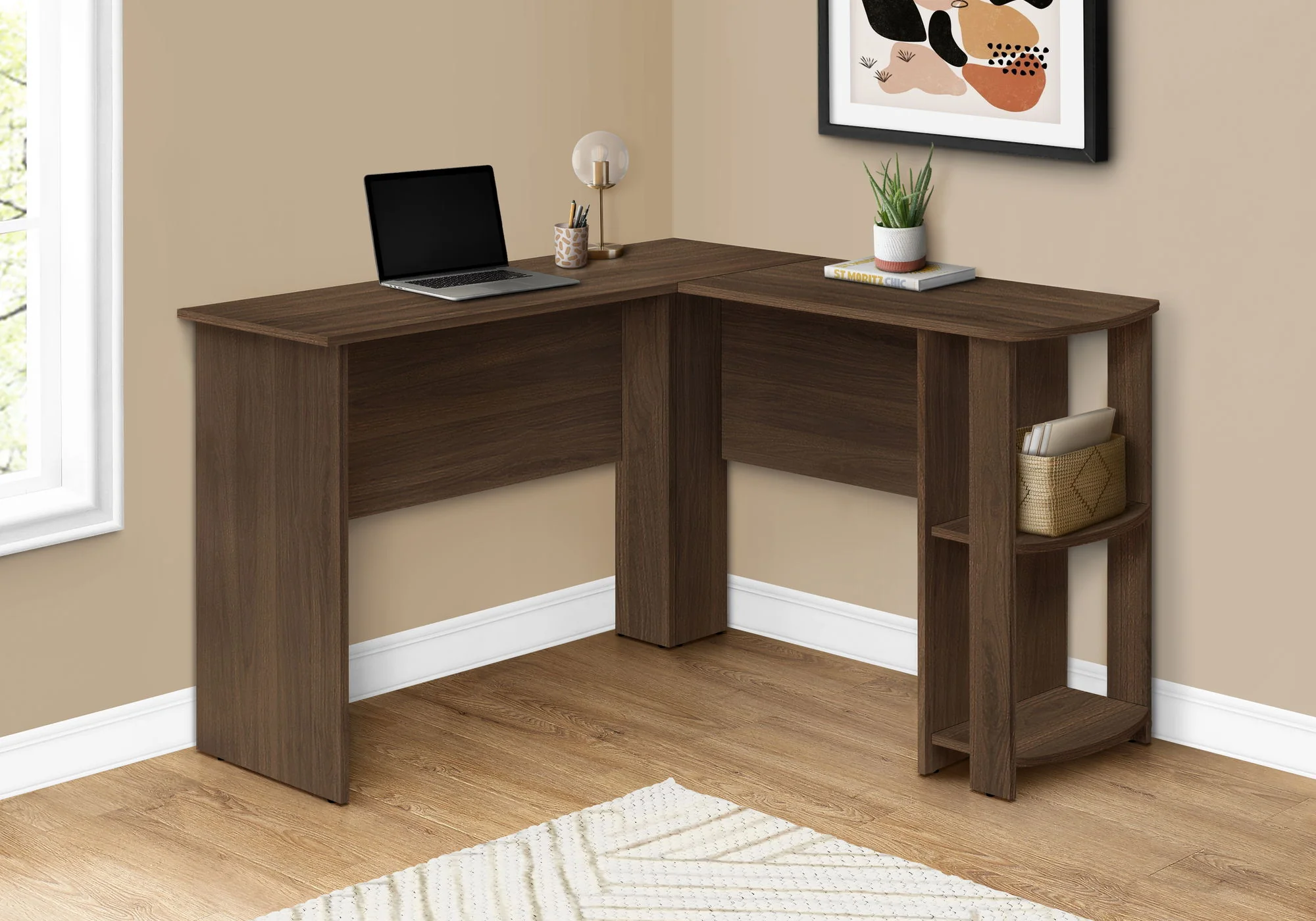 Computer Desk, Home Office, Corner, Storage Shelves, L Shape, Laptop, Contemporary & Modern - Walnut - Image 2