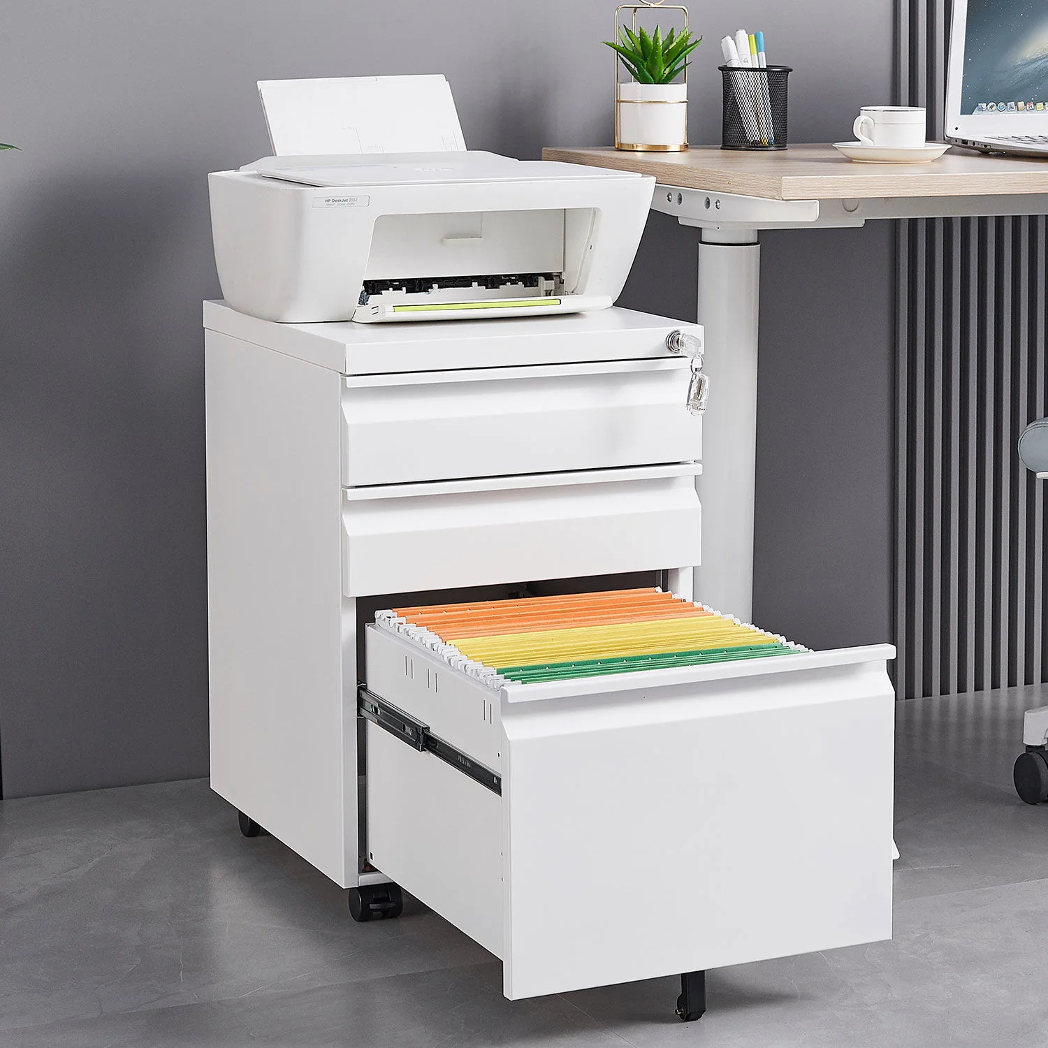 Contemporary 3 Drawer Mobile Filing Cabinet With Lock, Metal Office Storage For Legal / Letter Size - Image 6