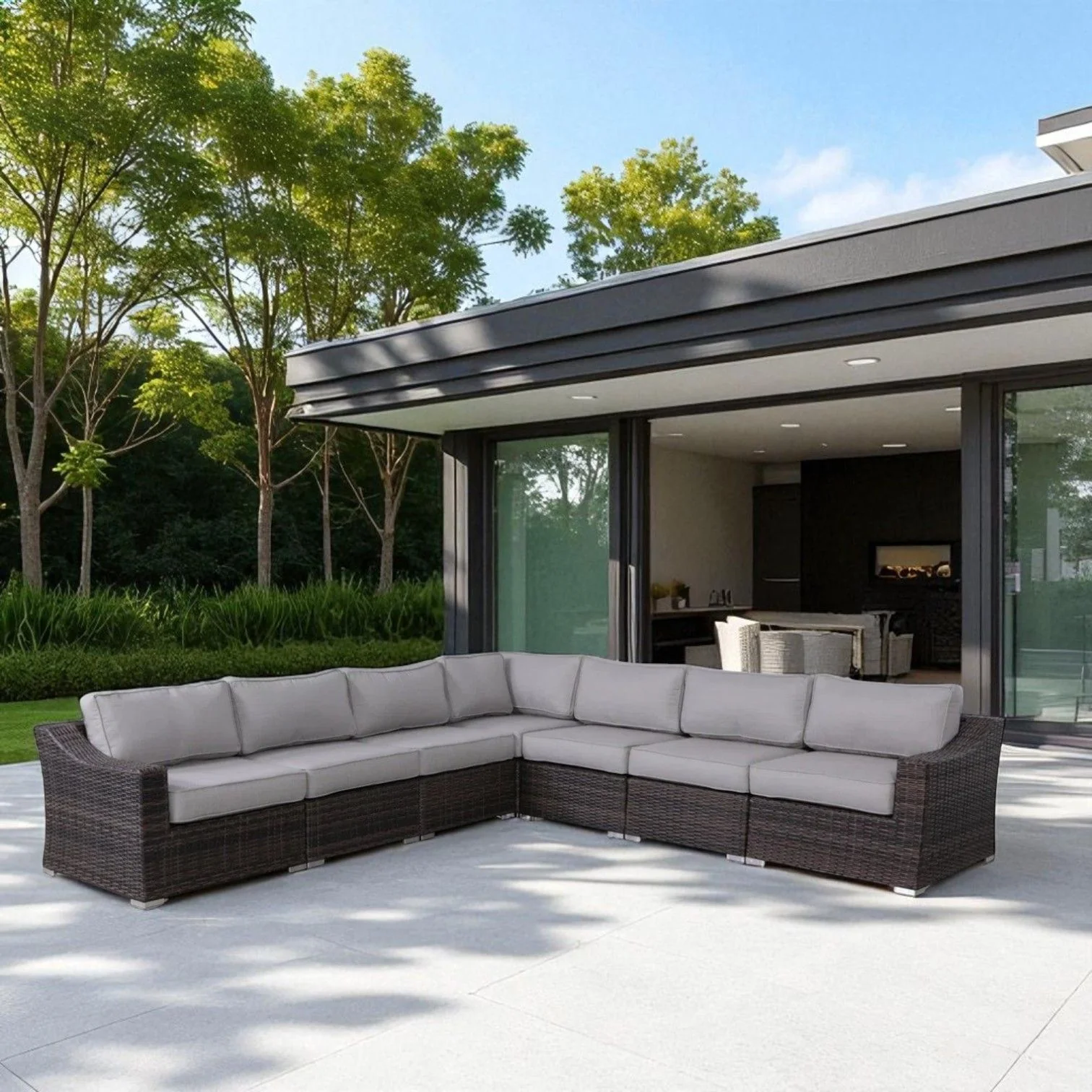 Contemporary Outdoor Rattan Wicker Sectional Seating Group With Cushions - Image 6