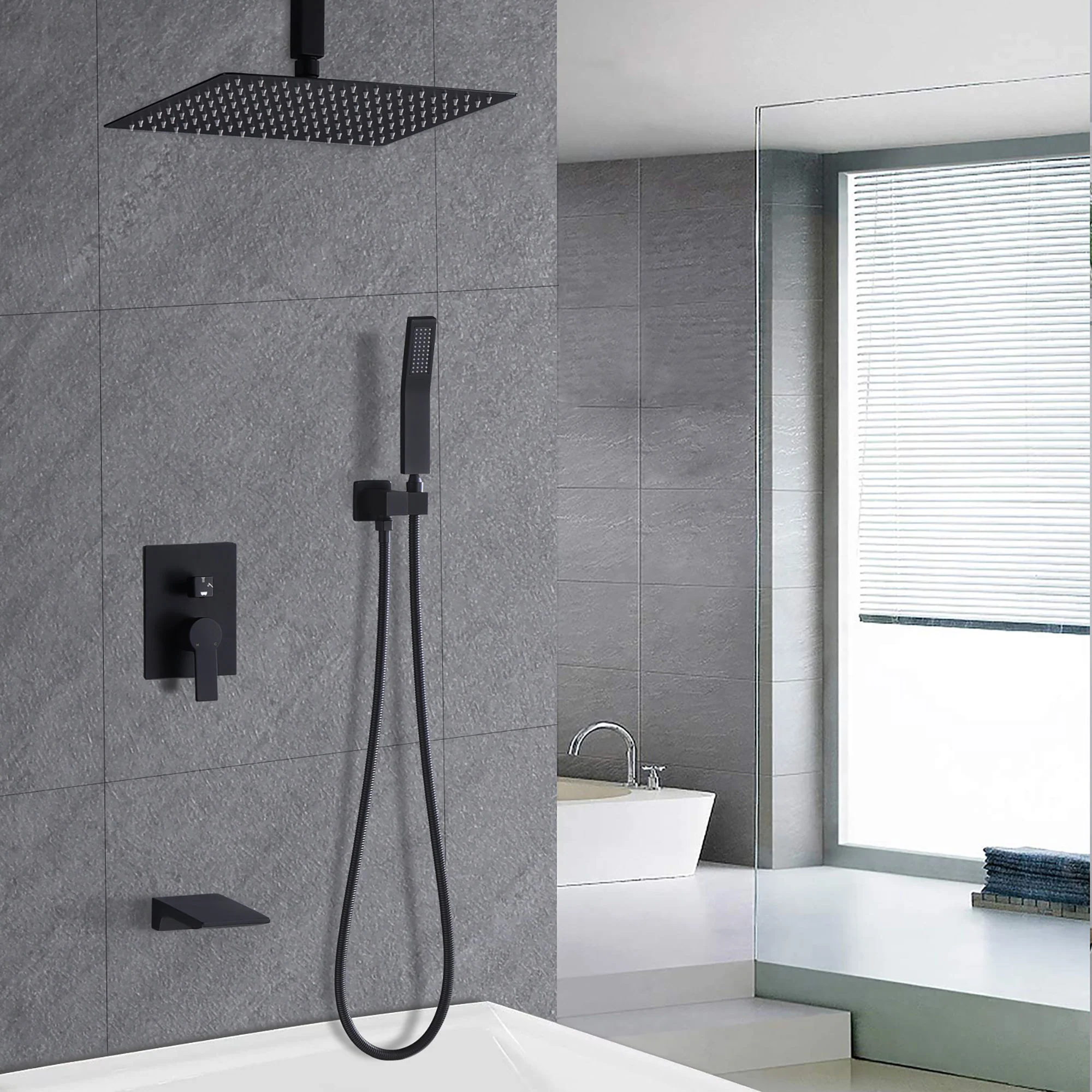 Contemporary Shower System With 12" Rainfall Head And Handheld Spray, Wall Mounted - Image 6