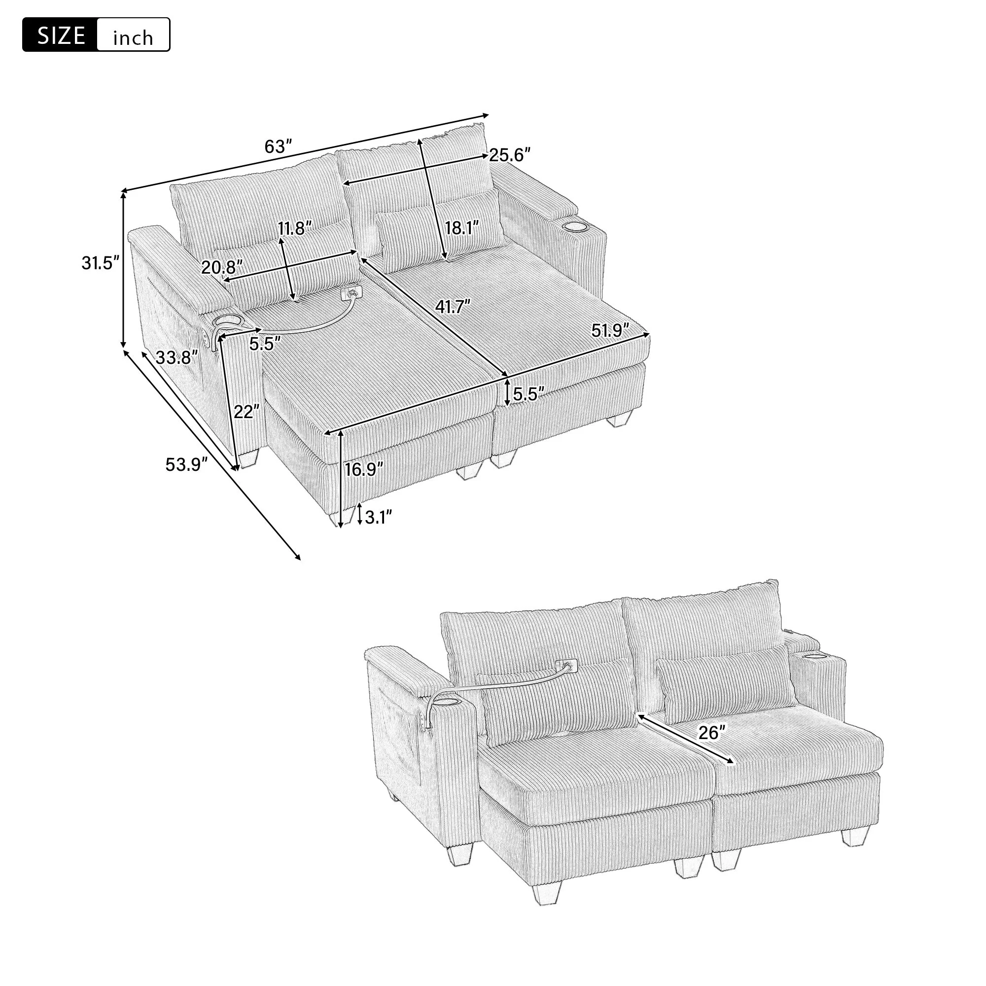 Convertible Chaise Lounge Sofa Chair With USB Ports, Cup Holders, Phone Holder And Storage - Image 21