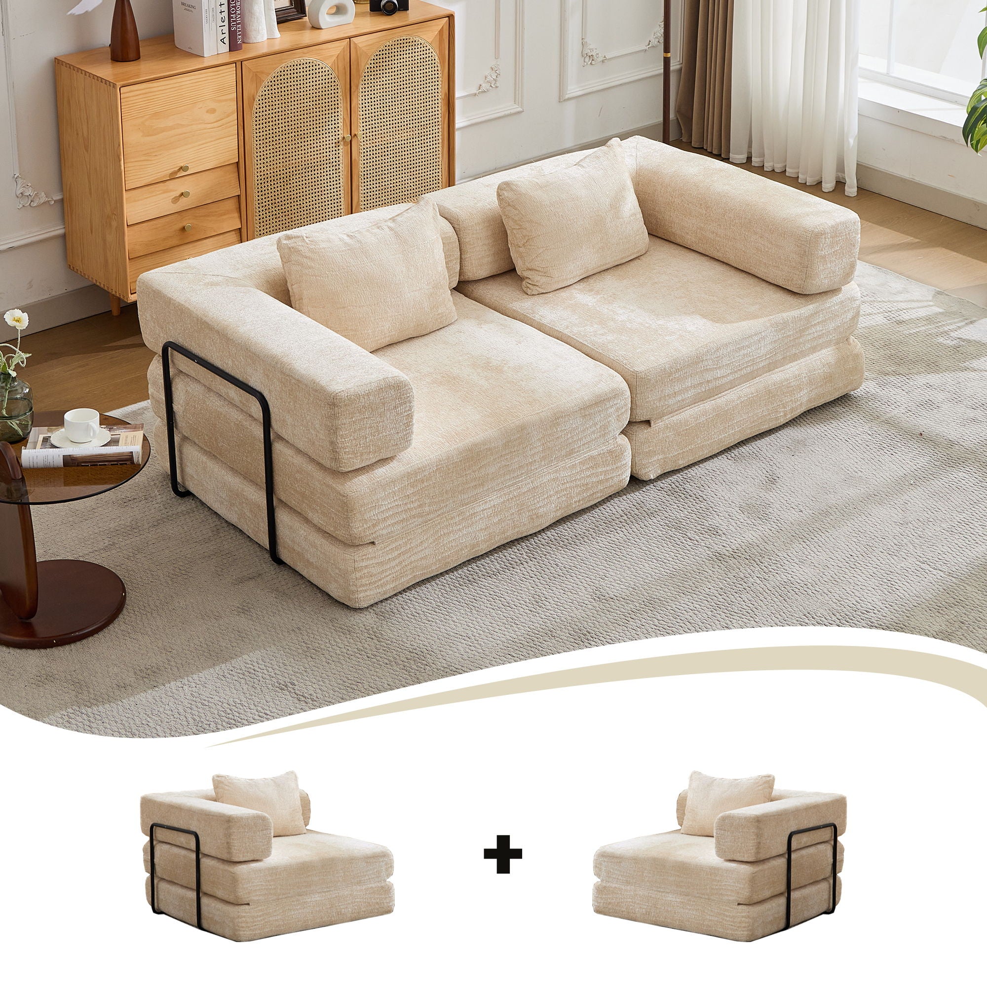 Convertible Floor Sofa Bed With Pillow Back Support Armrest - Image 33