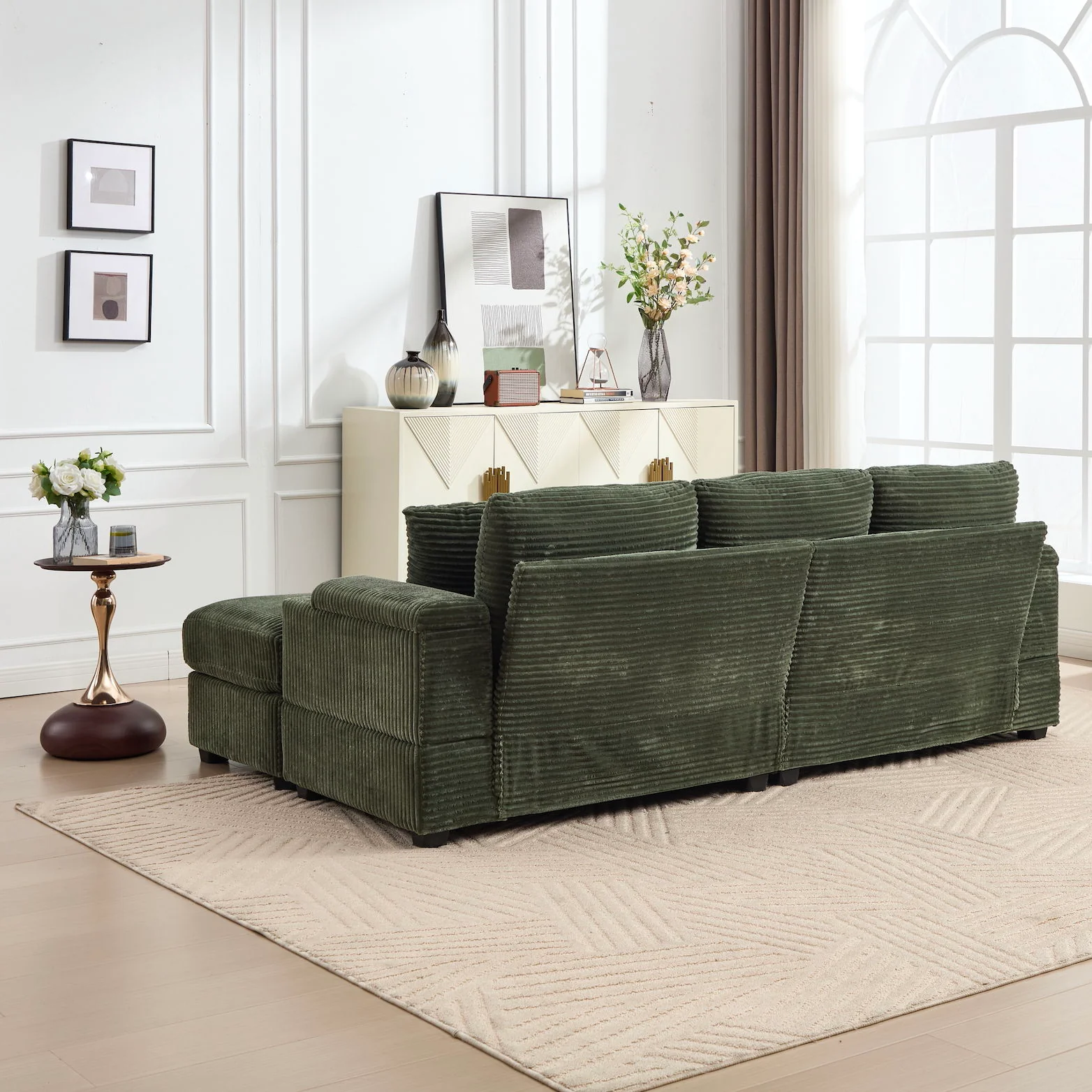Convertible Sectional Sofa Bed Set With Armrest Storage, Cup Holder, USB, 4 Seater - Green - Image 3