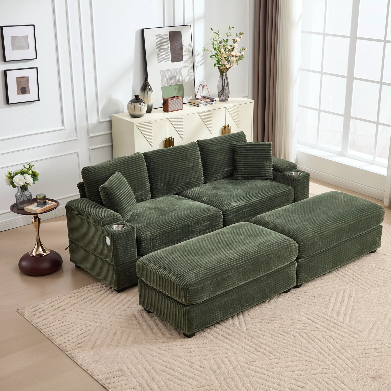 Convertible Sectional Sofa Bed Set With Armrest Storage, Cup Holder, USB, 4 Seater - Green - Image 4