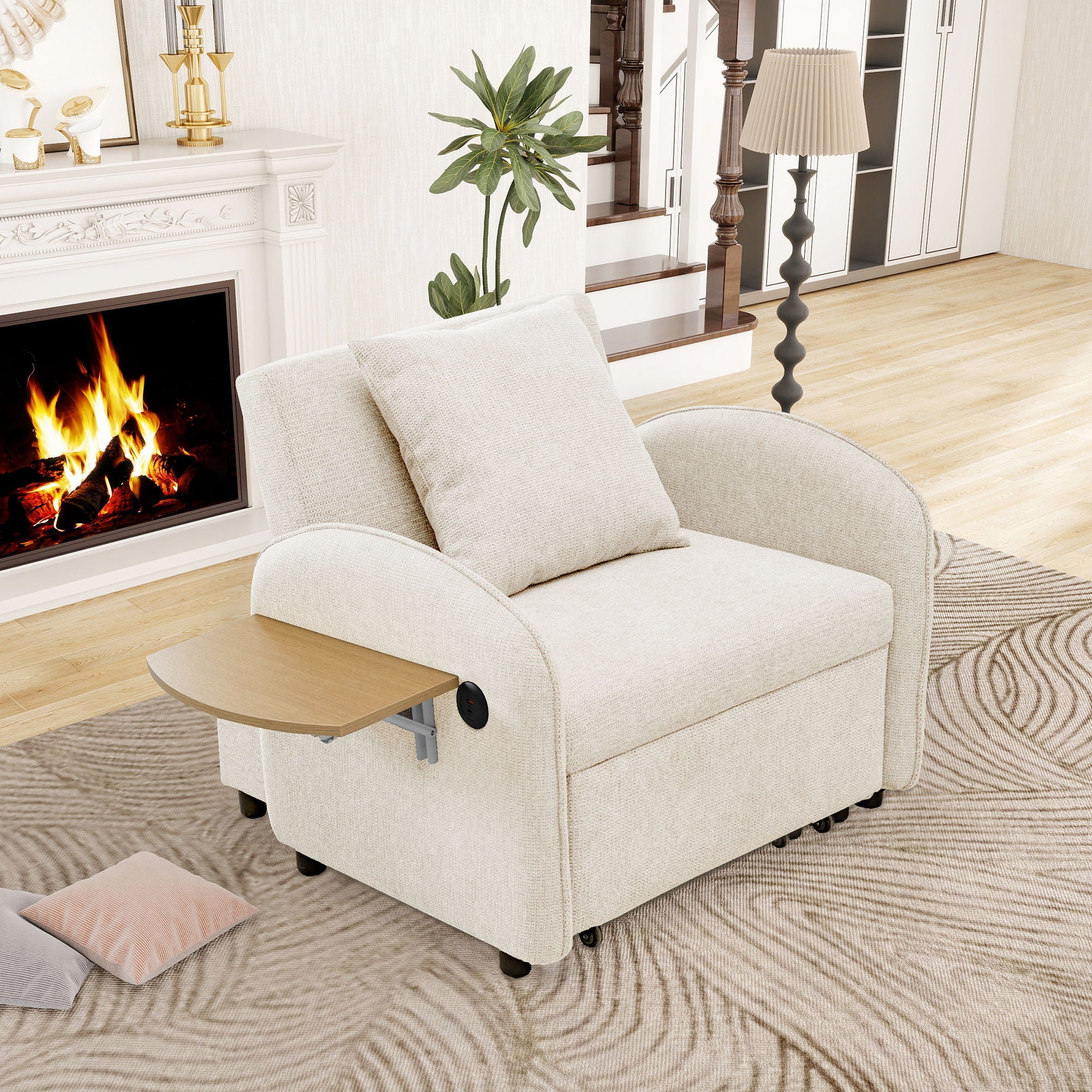Convertible Single Chair Bed With Computer Board And USB Ports, 3 In 1 Sofa Bed - Beige - Image 2