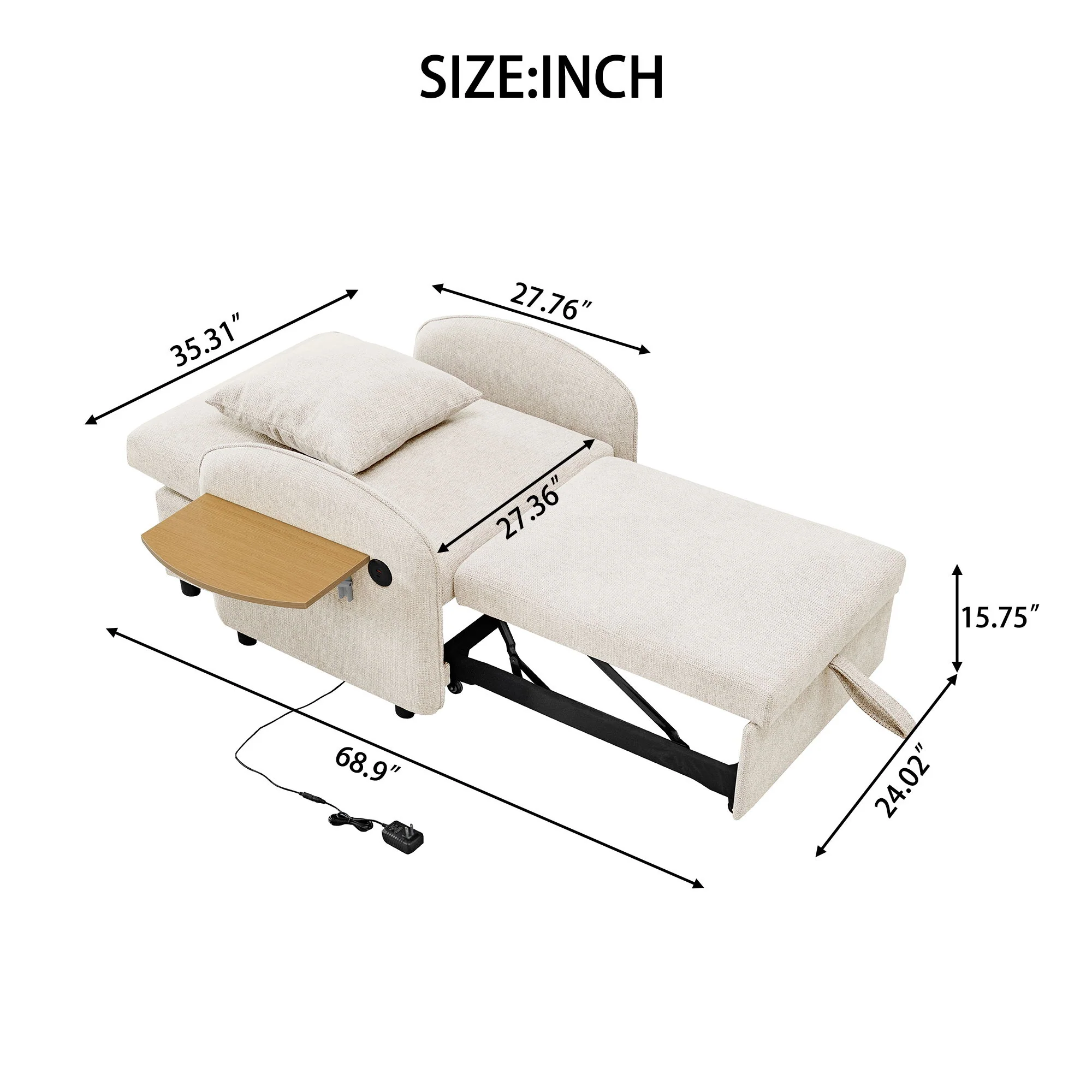 Convertible Single Chair Bed With Computer Board And USB Ports, 3 In 1 Sofa Bed - Beige - Image 3