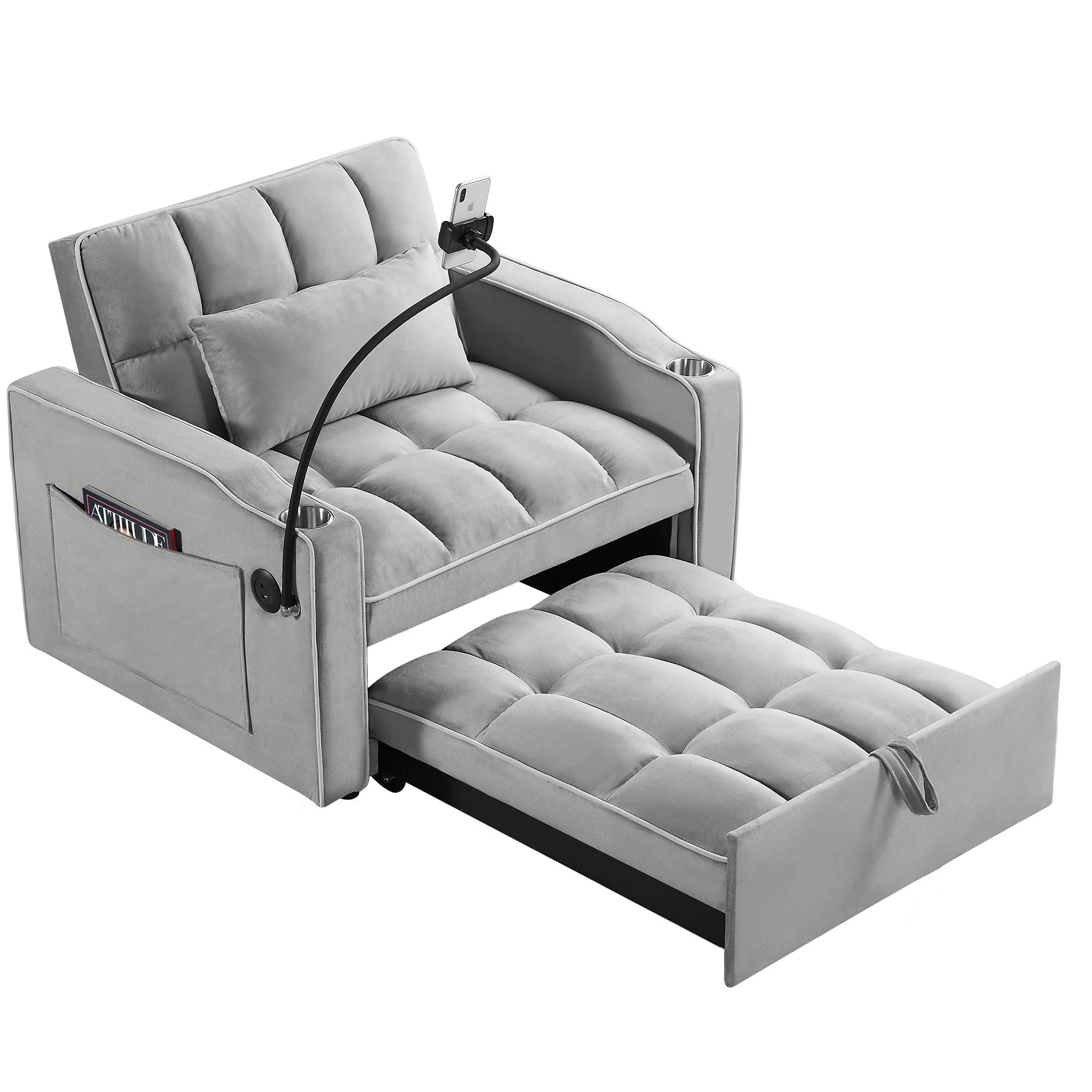 Convertible Sleeper Chair Sofa Bed Adjustable Pull Out Sleeper Chair Bed Multi-Pockets Folding Sofa Bed For Living Room Bedroom Small Space, 3 In 1 Sofa Bed - Image 3