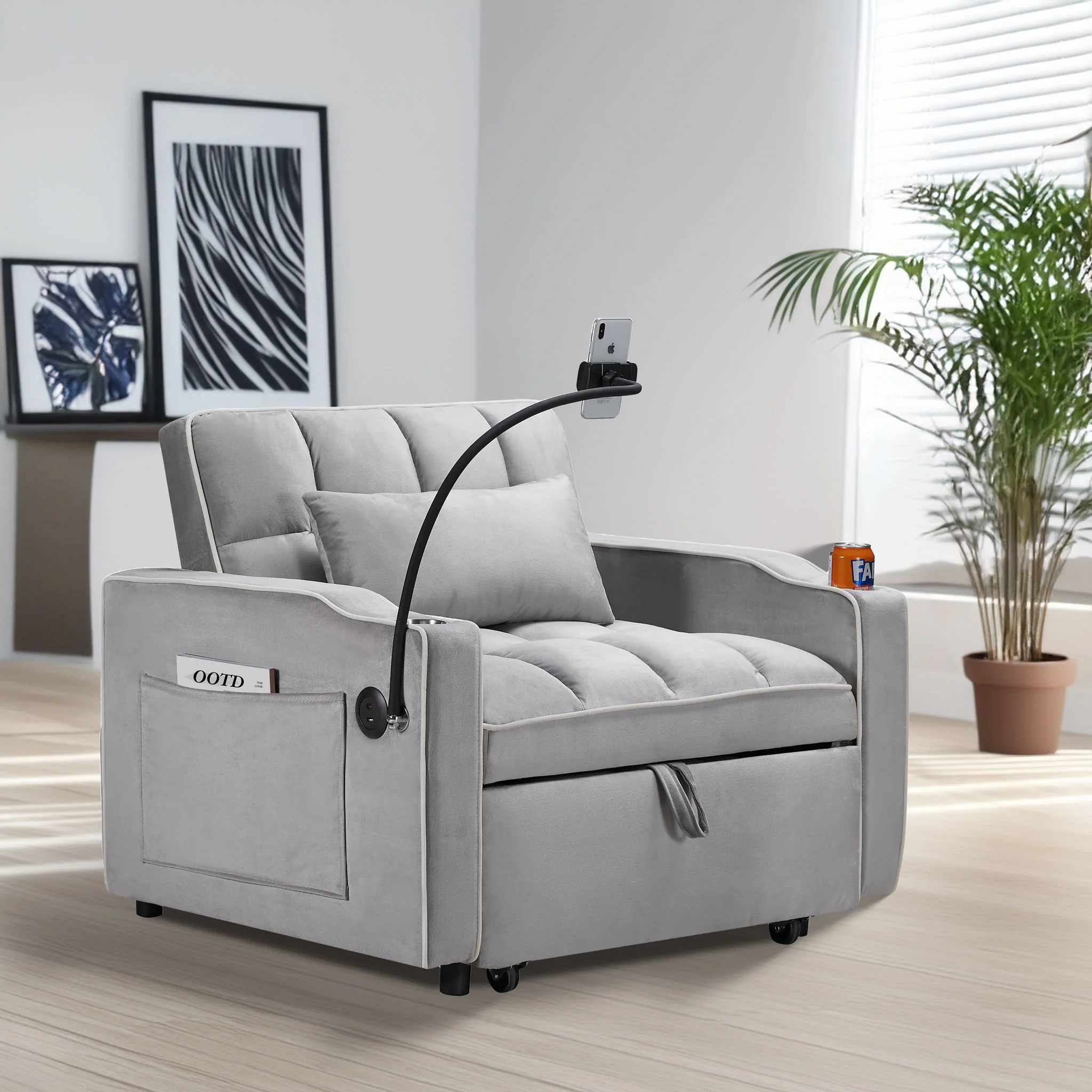 Convertible Sleeper Chair Sofa Bed Adjustable Pull Out Sleeper Chair Bed Multi-Pockets Folding Sofa Bed For Living Room Bedroom Small Space, 3 In 1 Sofa Bed - Image 4