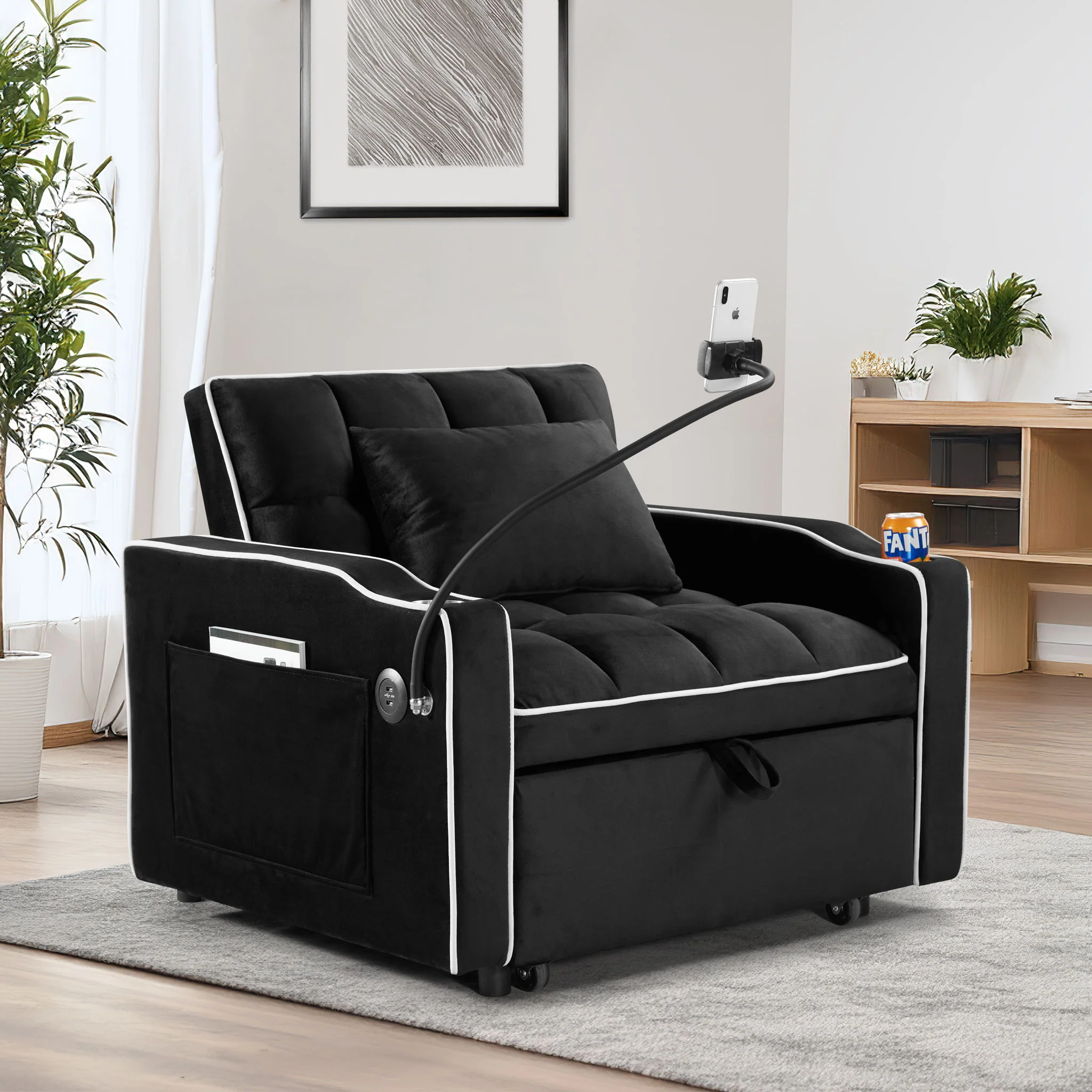 Convertible Sleeper Chair Sofa Bed Adjustable Pull Out Sleeper Chair Bed Multi-Pockets Folding Sofa Bed For Living Room Bedroom Small Space, 3 In 1 Sofa Bed - Image 5