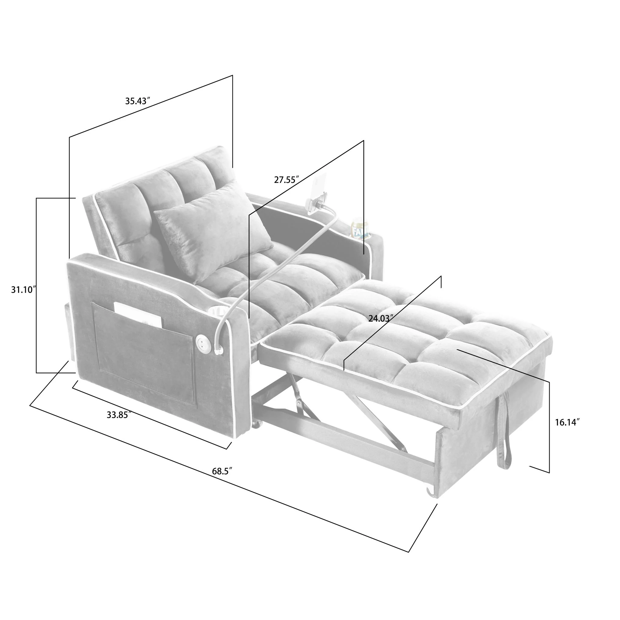 Convertible Sleeper Chair Sofa Bed Adjustable Pull Out Sleeper Chair Bed Multi-Pockets Folding Sofa Bed For Living Room Bedroom Small Space, 3 In 1 Sofa Bed - Image 7