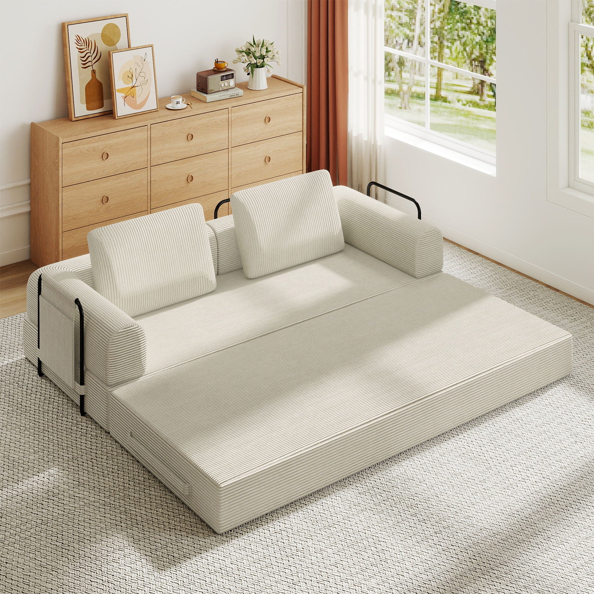 Convertible Sleeper Sofa Bed With Cylindrical Pillow, Fixed Shape Frame - Image 10