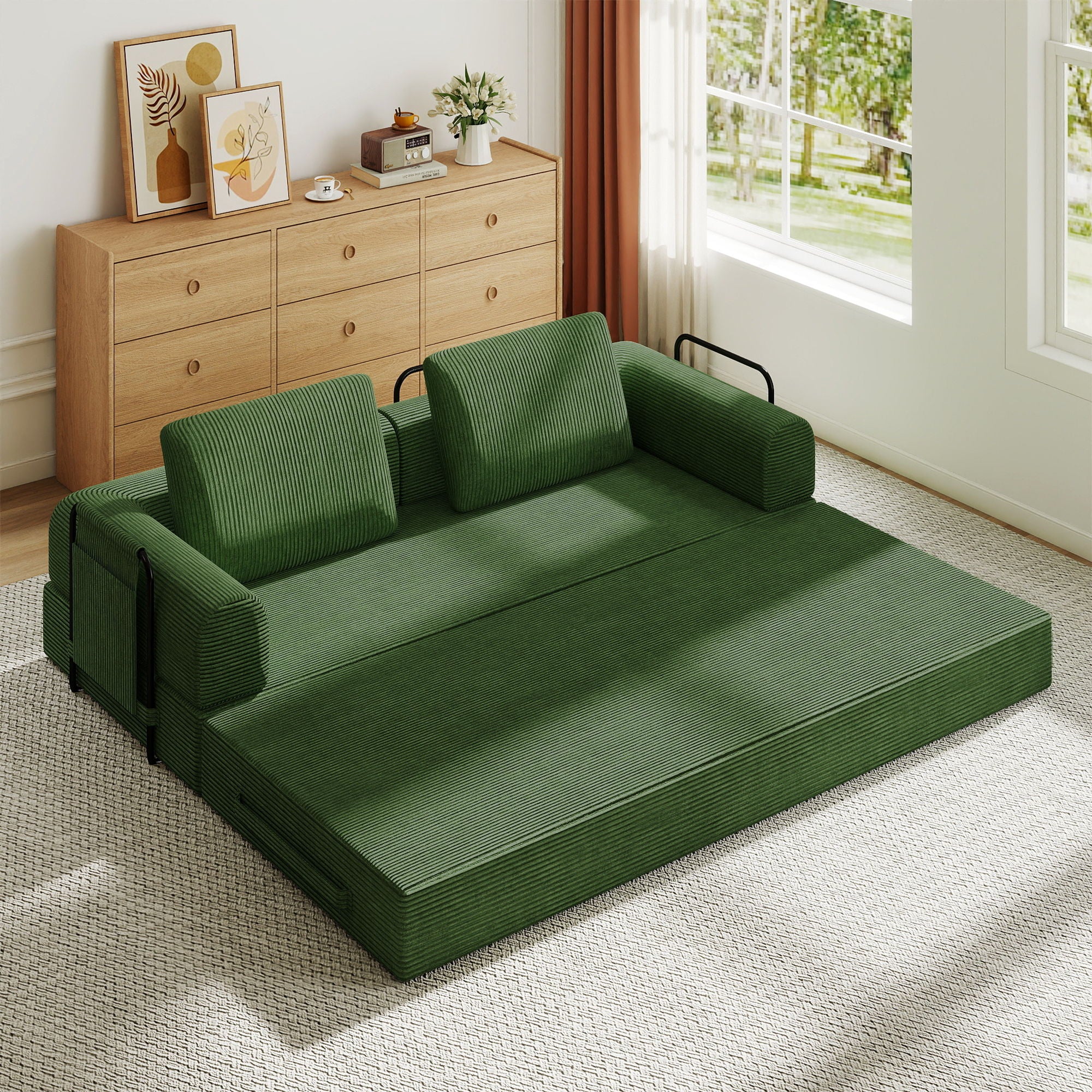Convertible Sleeper Sofa Bed With Cylindrical Pillow, Fixed Shape Frame - Image 7