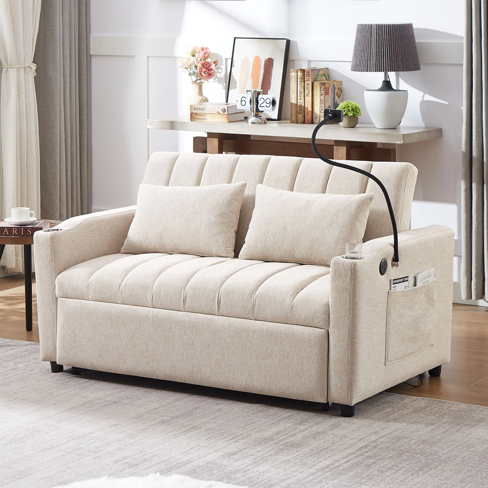 Convertible Sofa Bed Loveseat Sofa With Three USB Ports, Two Side Pockets, Two Cup Holders And 360° swivel Phone Holder For Living Room - Image 13