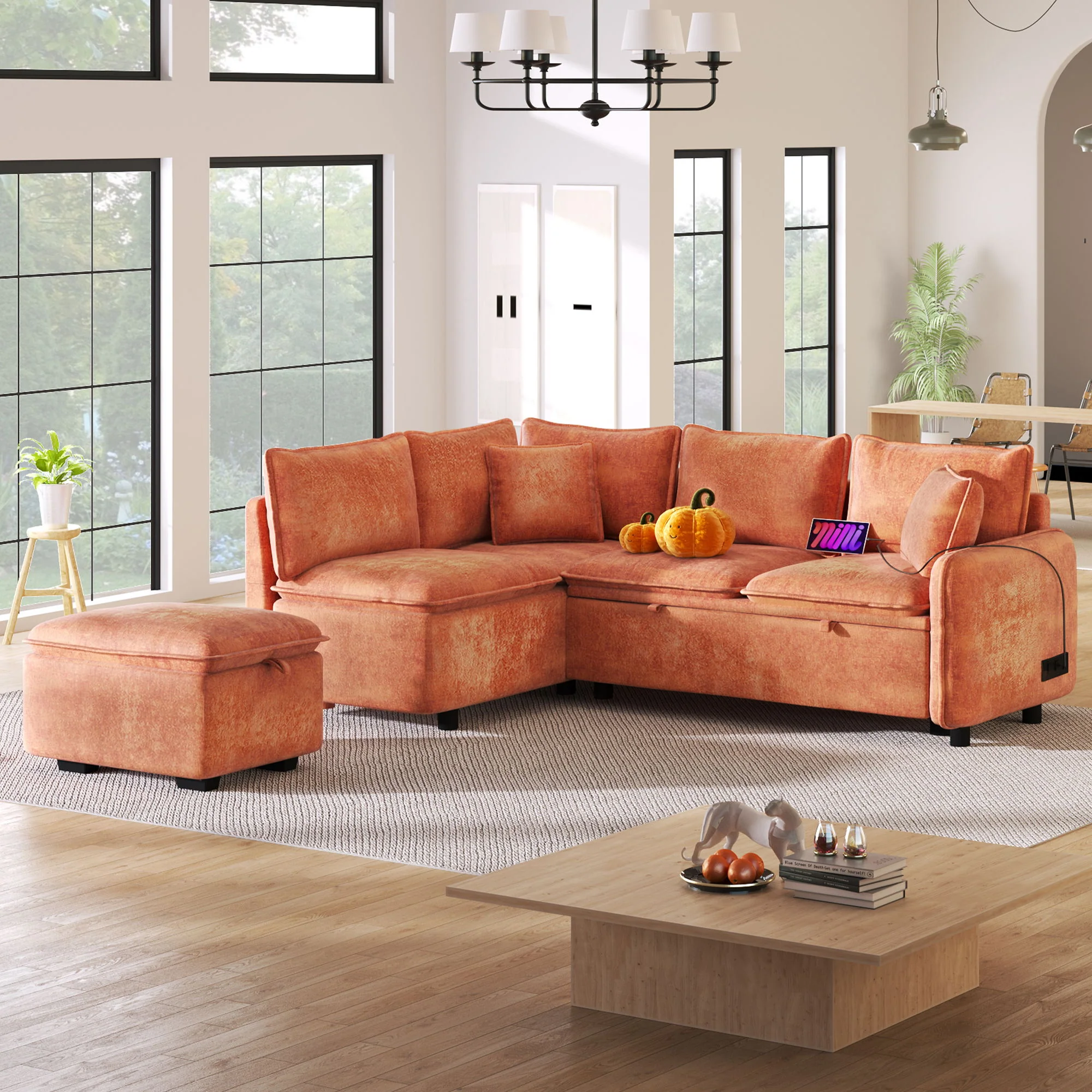 Convertible Sofa Bed Sectional Sofa Sleeper L-Shaped Sofa With A Storage Ottoman, Two Pillows, Two Power Sockets And Two USB Ports For Living Room - Image 5