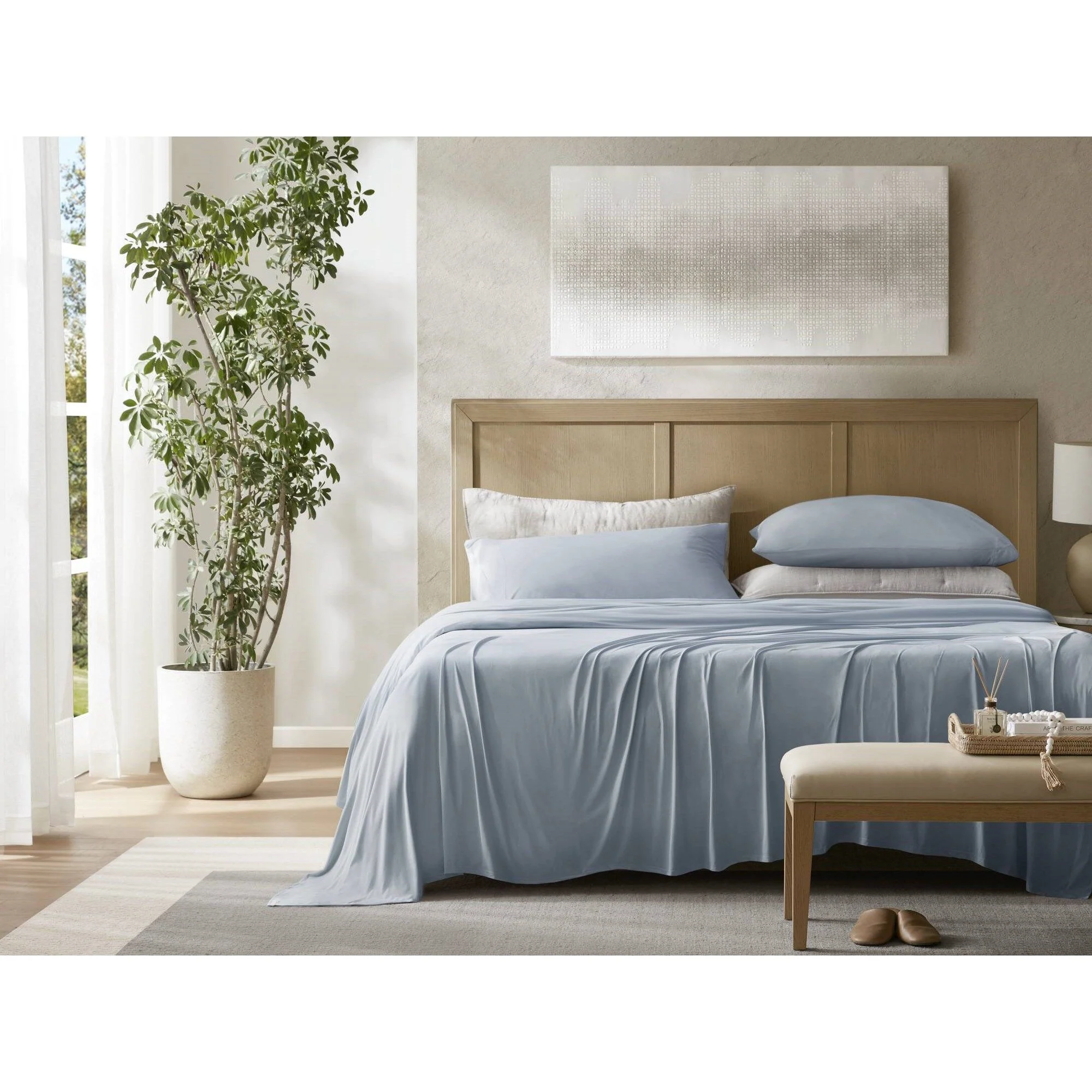 Cooling - Split King Stretch Jersey Sheet Set - Blue - Image 4