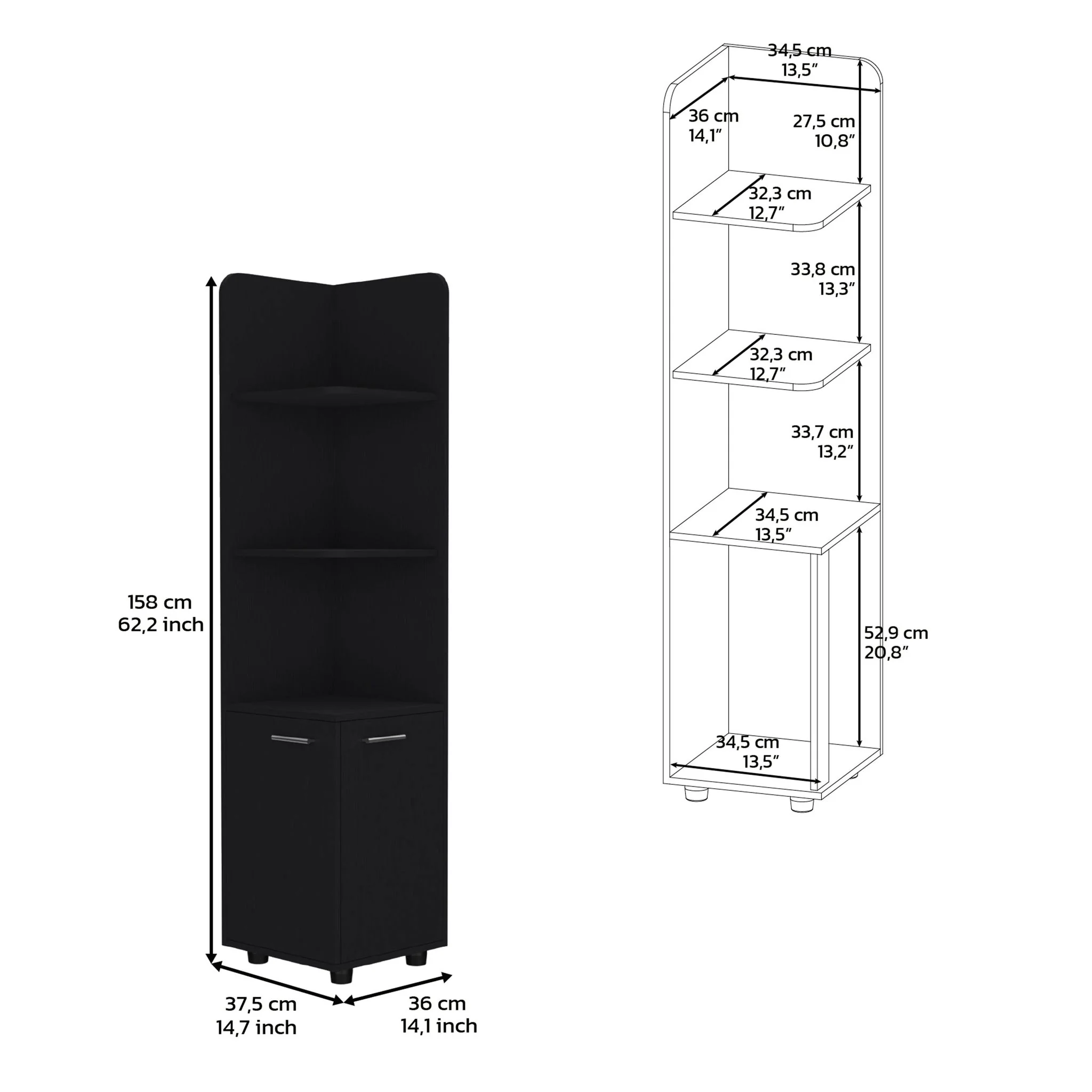 Corner Cabinet Tall With 3 Tier Shelf And 2 Door - Black - Image 2