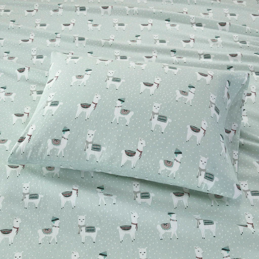 Cozy Flannel - Printed Sheet Set - Seafoam Llama - Image 4