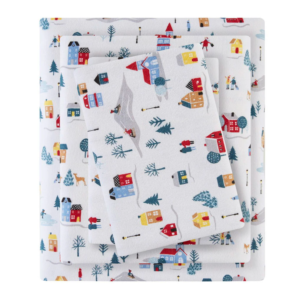 Cozy Flannel - 3 Piece Twin Long Printed Sheet Set - White Village Print - Image 4