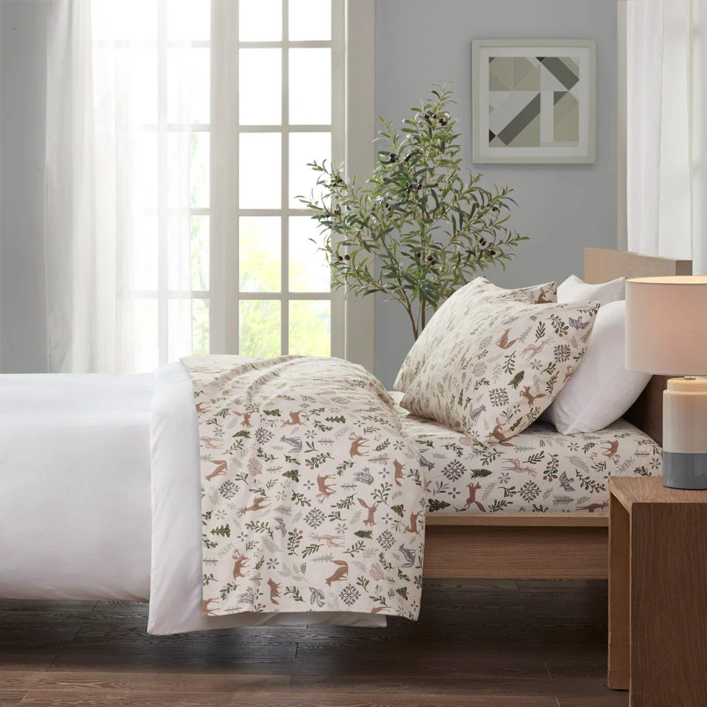 Cozy Flannel - 4 Piece King Printed Sheet Set - Tan land Winter