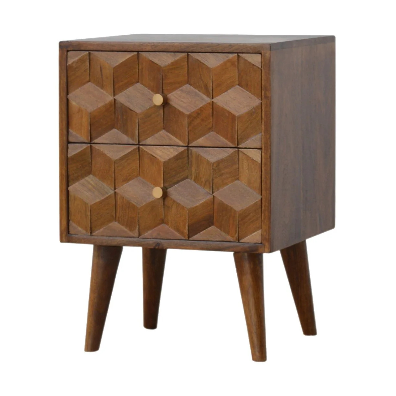 Cube Carved Bedside Table Nightstand - Chestnut - Image 2