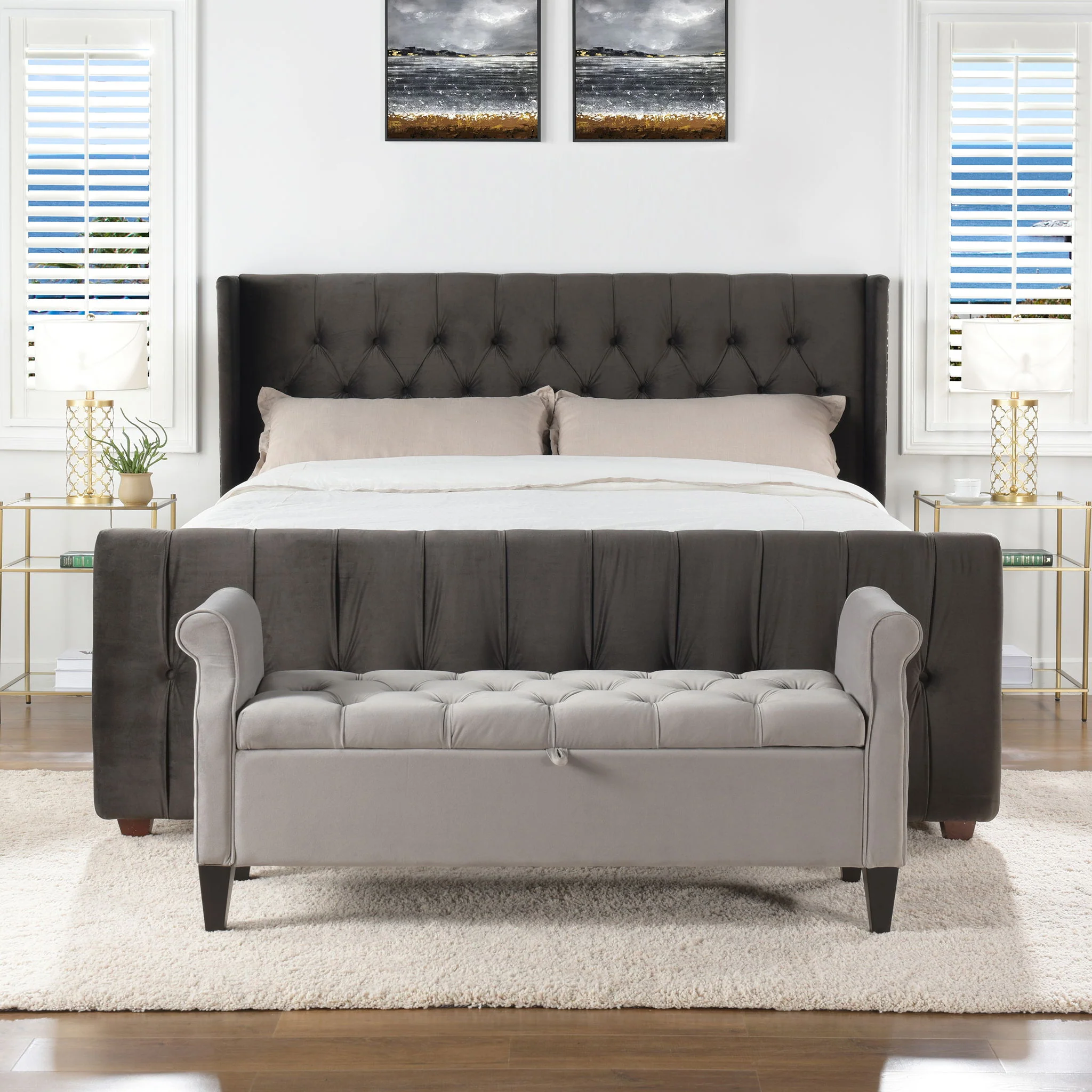 David - King Tufted Wingback Bed - Dark Charcoal Gray - Image 2
