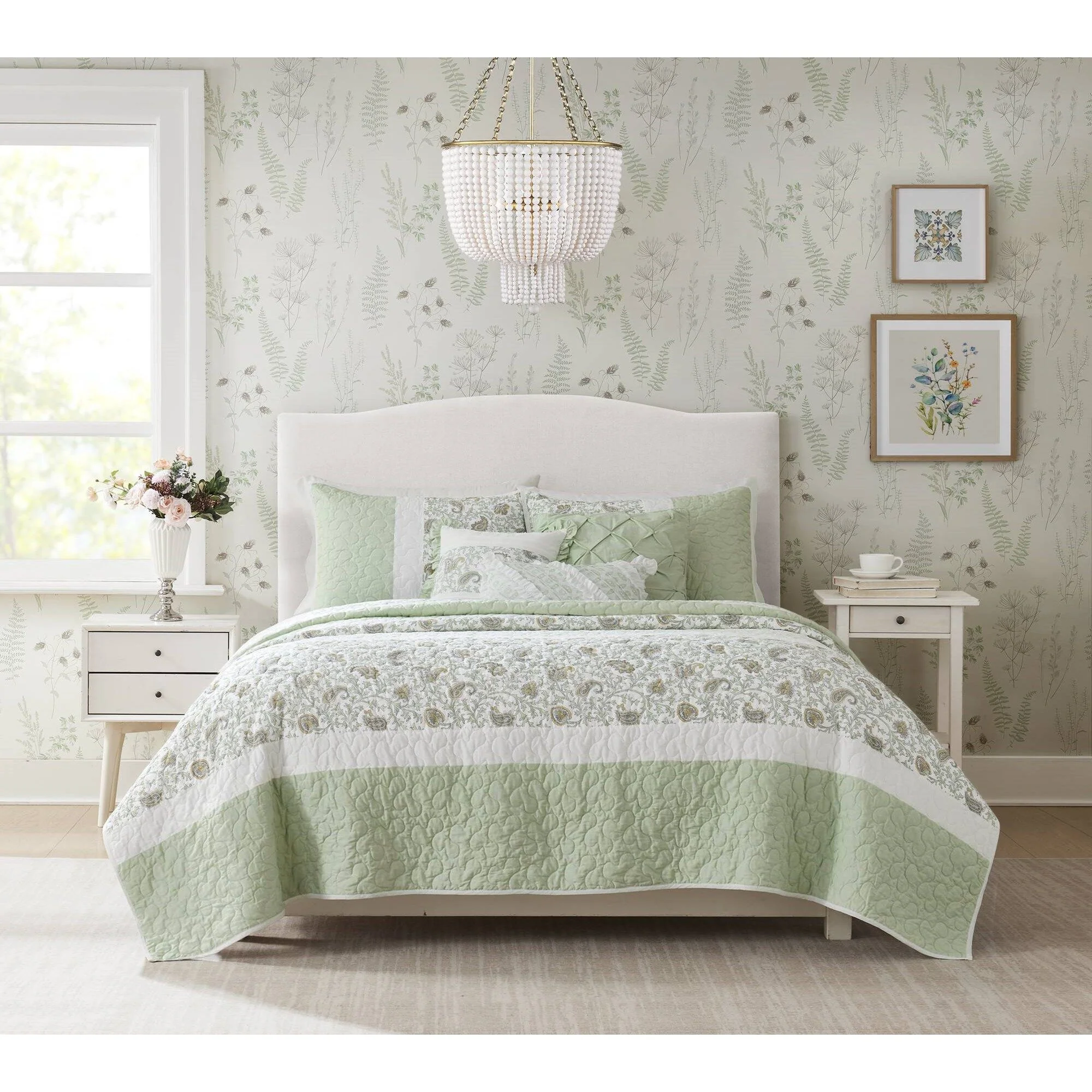 Dawn - 6 Piece Full/Queen Percale Quilt Set With Throw Pillows - Sage Green