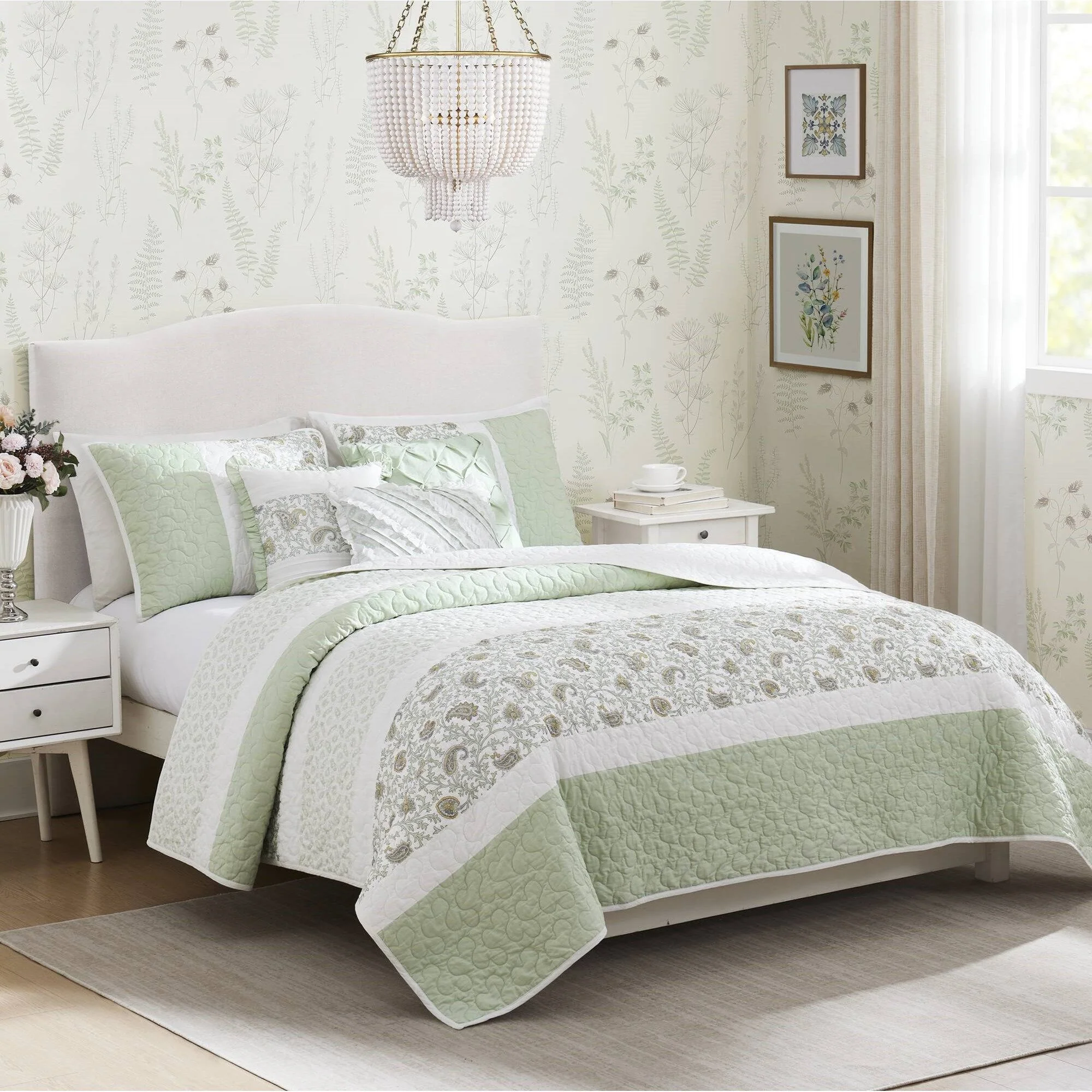 Dawn - 6 Piece King/California King Percale Quilt Set With Throw Pillows - Sage Green - Image 4