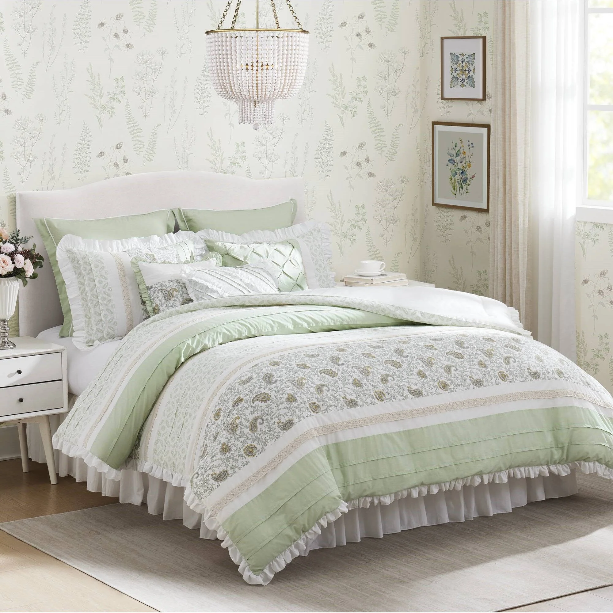 Dawn - 9 Piece King Percale Comforter Set - Sage Green - Image 4