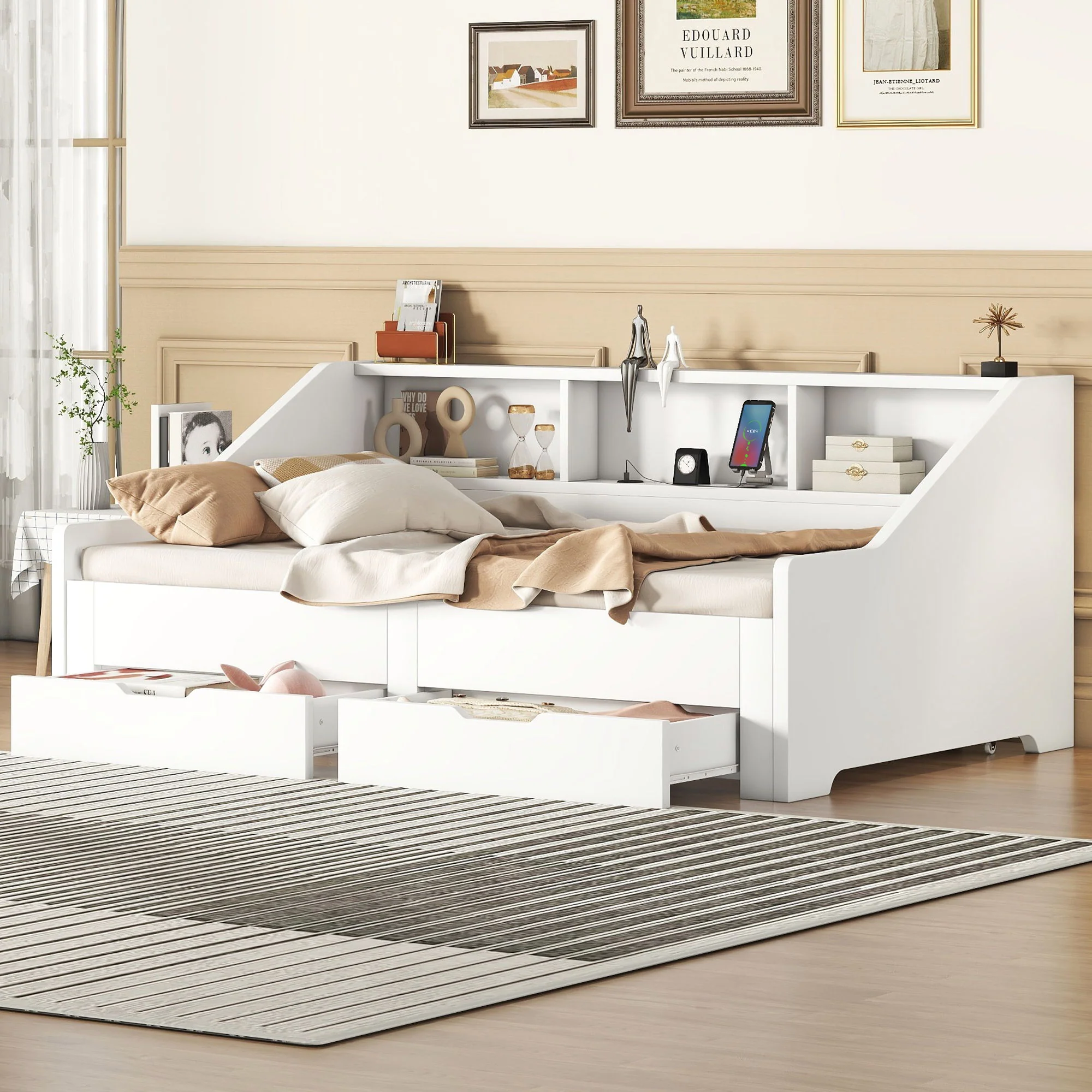 Daybed Frame With Storage Bookcases, 2 Drawers, Charging Station - Image 3