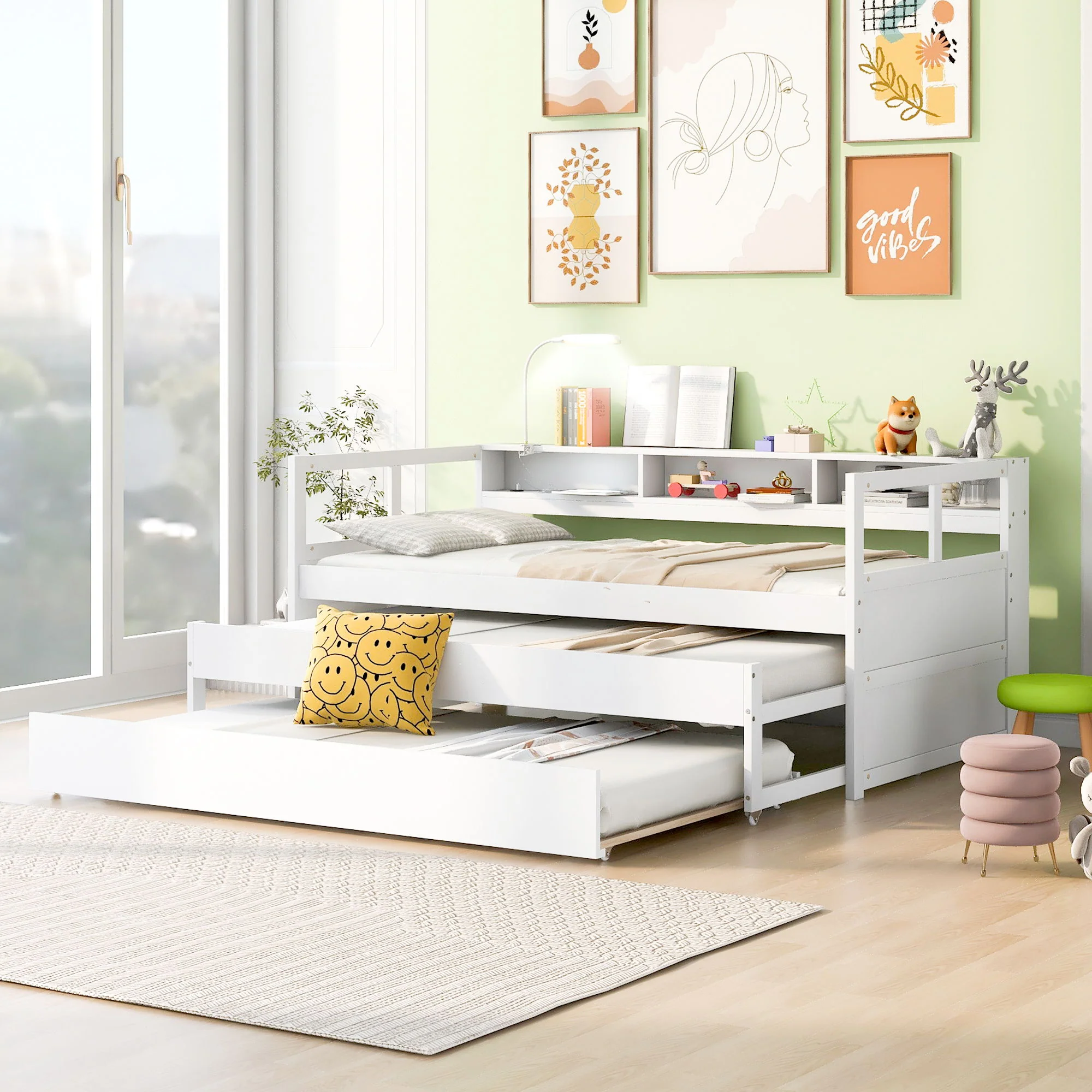 Daybed With 2 Trundles, 3 Storage Cubbies, Built In USB Charging Light - Image 7