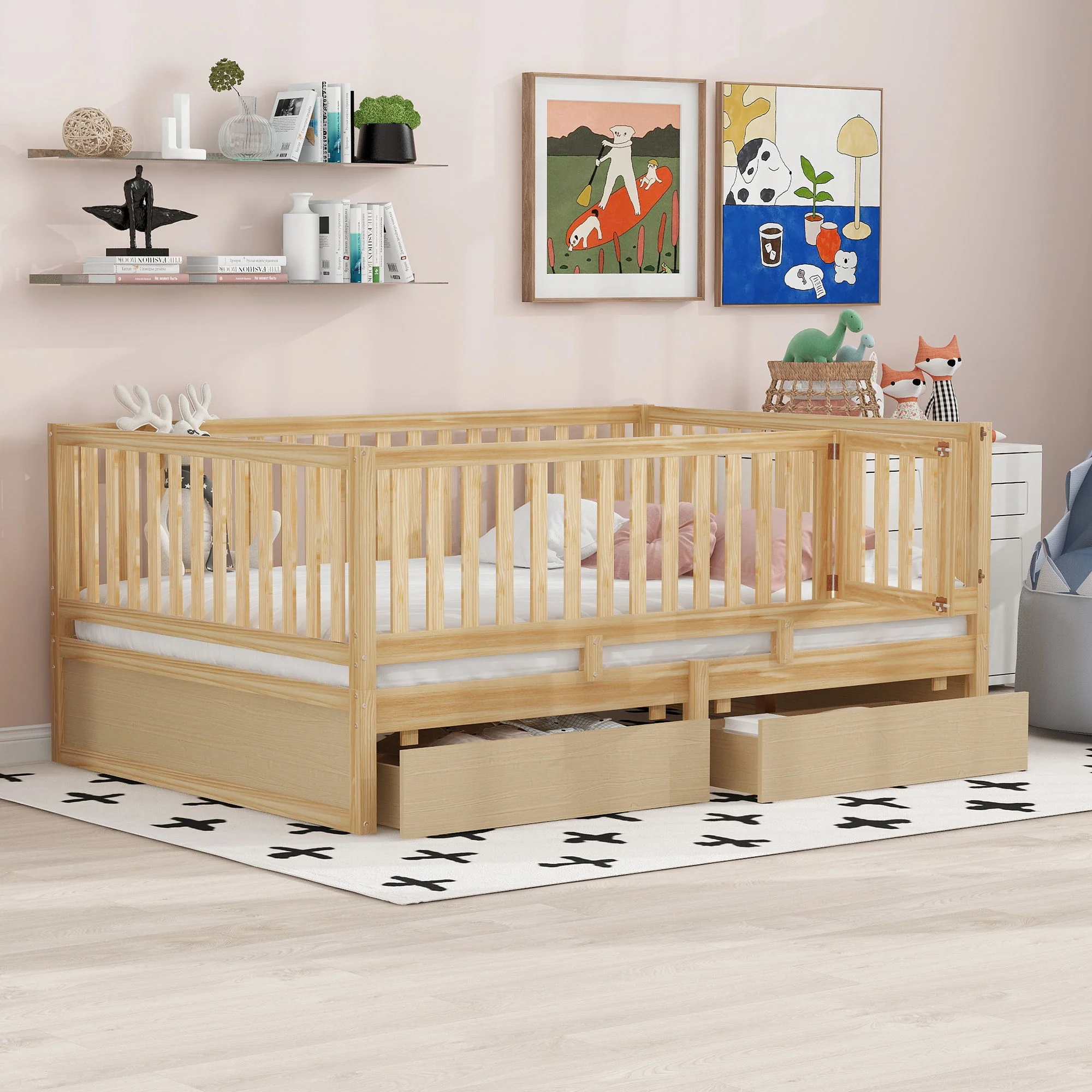 Daybed With Fence Guardrails And 2 Drawers, Split Into Independent Floor Bed & Daybed - Image 12
