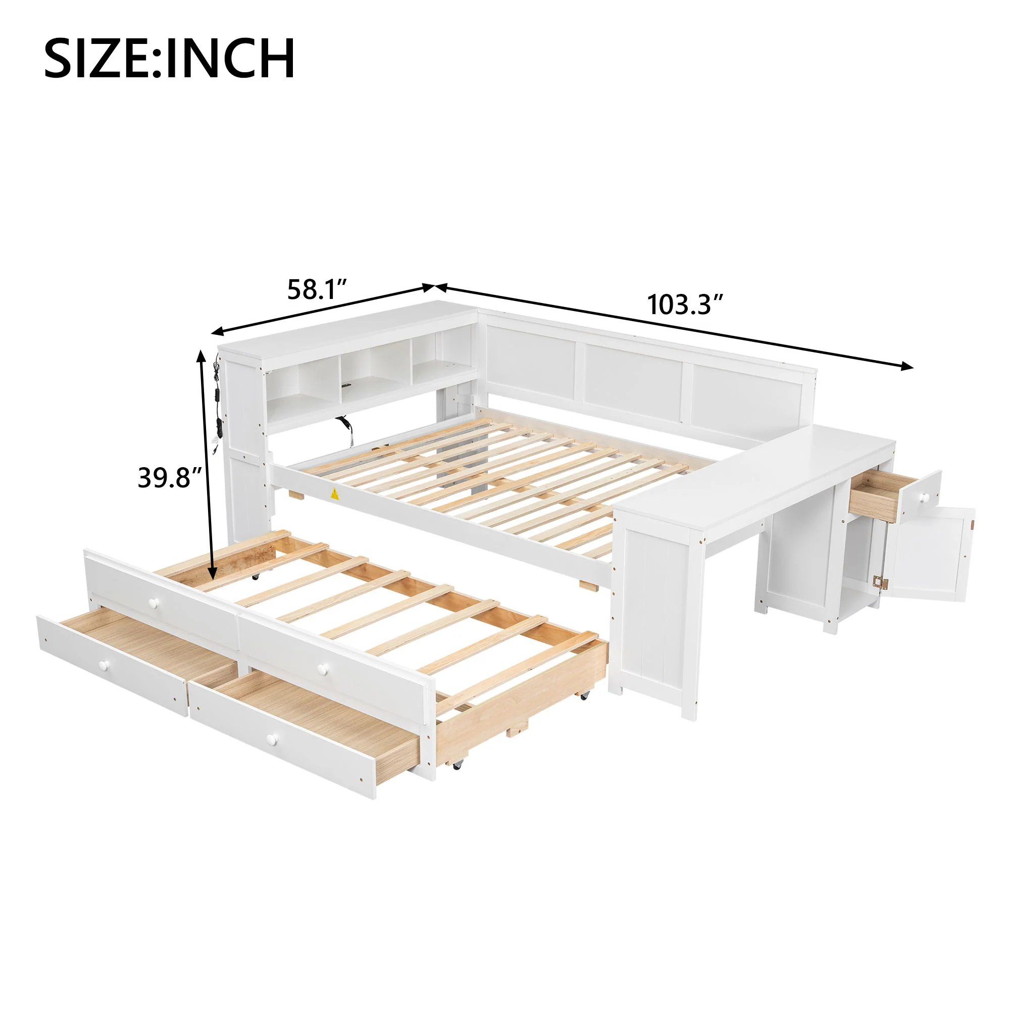 Daybed With Storage Shelves, Drawers, Trundle, Charging Station, LED Light, Desk And Cabinet - Image 3