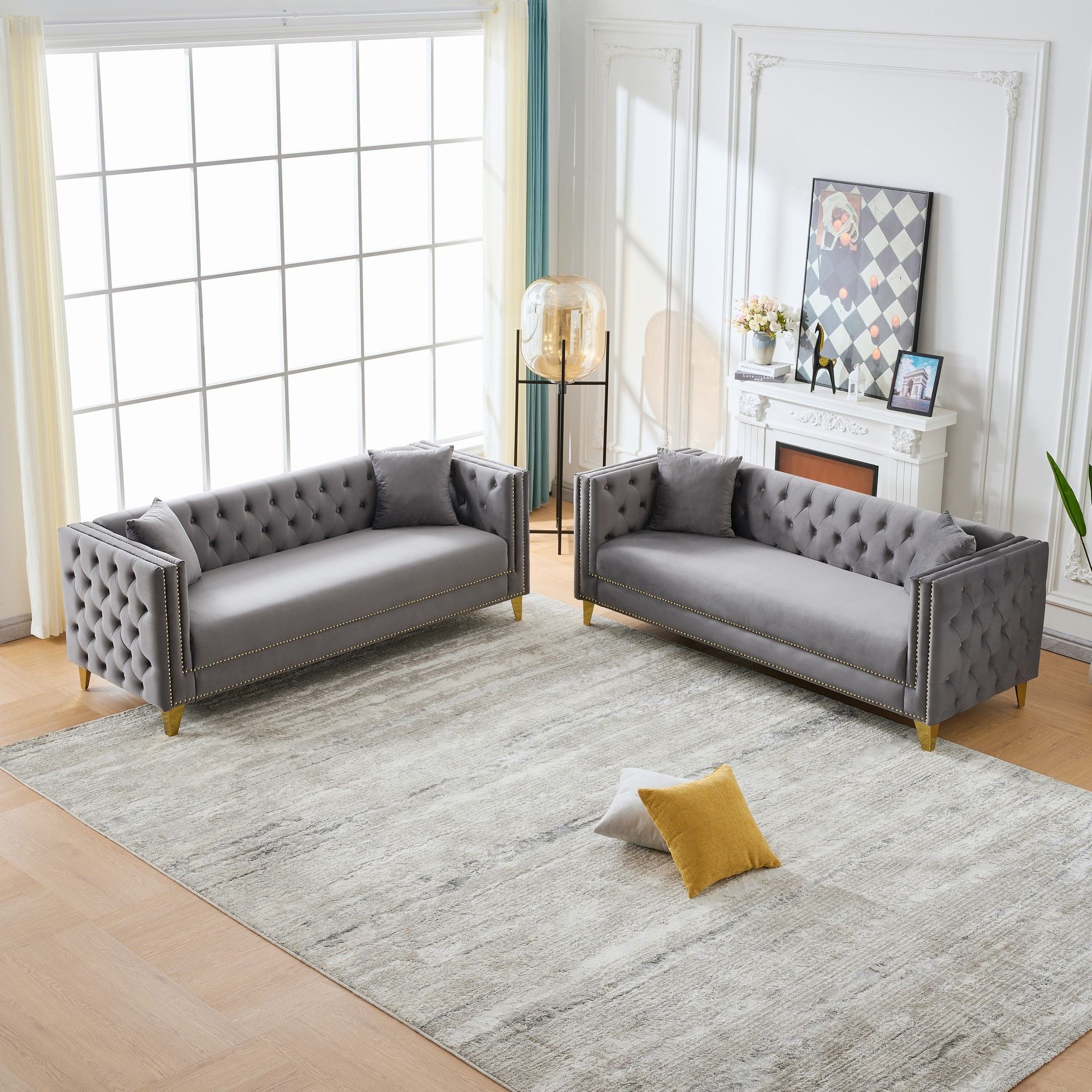 Deep Seat Sofa With Button Nailhead, Square Arm Couches - Image 6