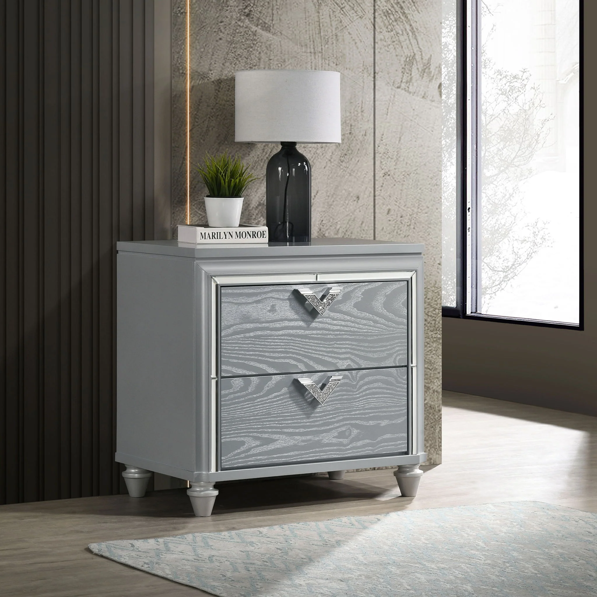 Delacroix - 2 Drawer Nightstand With Felt Lined Top Drawer - Silver - Image 4