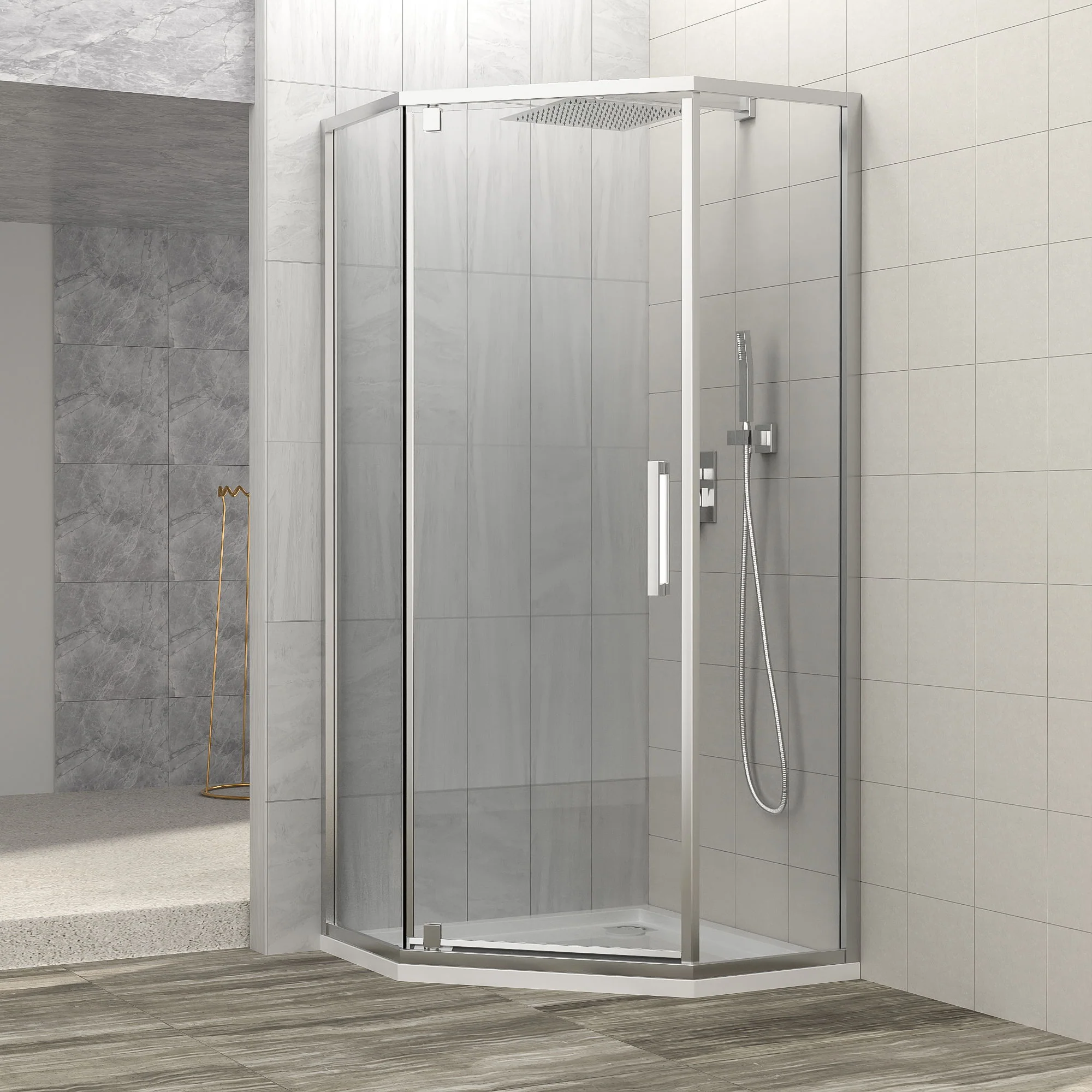 Diamond Shaped Corner Shower Door, Inward Sliding, Stainless Steel Frame - Image 6