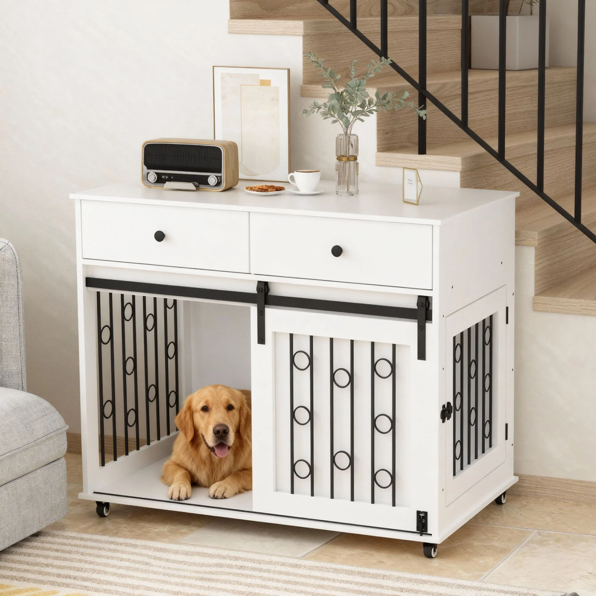 Dog Crate Furniture With Double Drawers And Sliding Barn Door, Pet Kennel For Small To Medium Dogs - White - Image 4