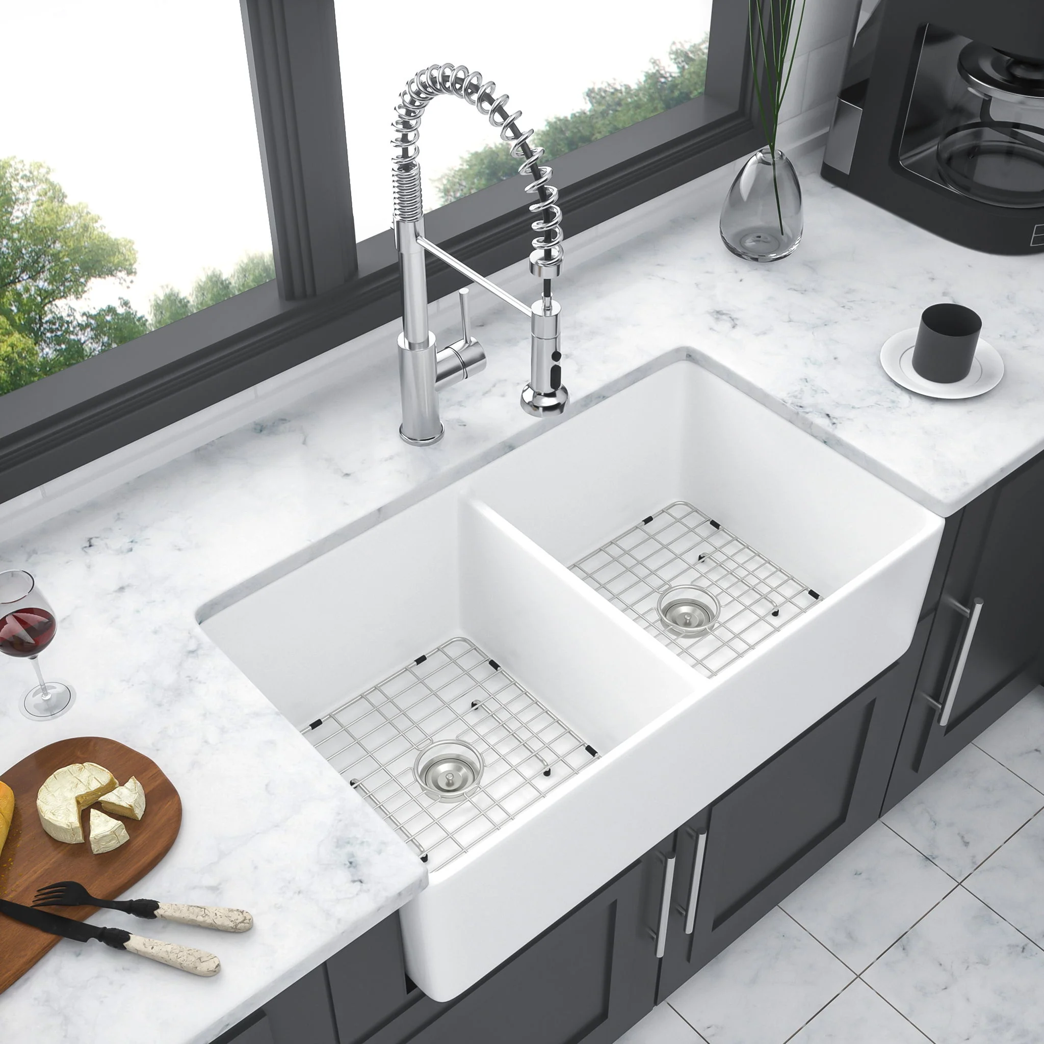 Double Bowl Apron Front Kitchen Sink 32", Sturdy And With Scratch Resistant - White - Image 4