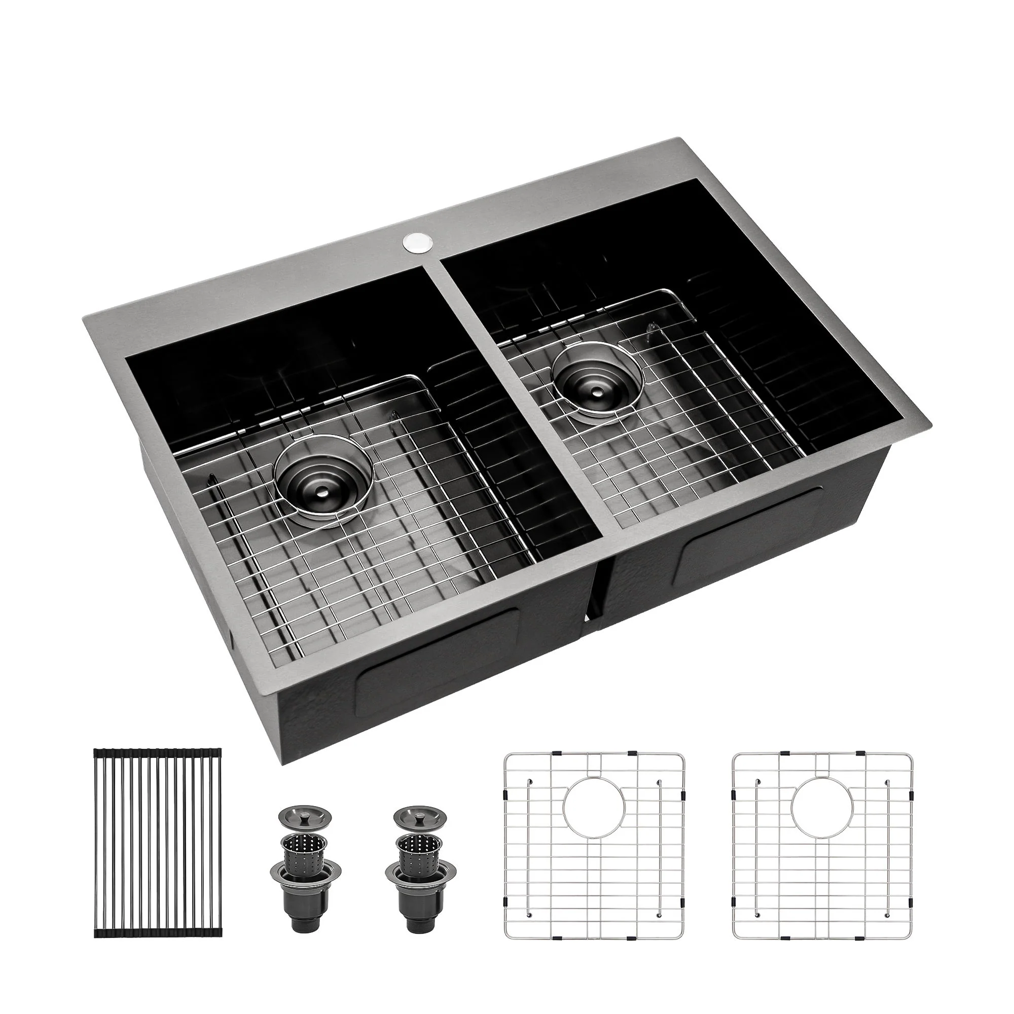 Double Bowl Drop In Kitchen Sink, 16 Gauge Stainless Steel With 2 9" Deep Basins - Gunmetal Black