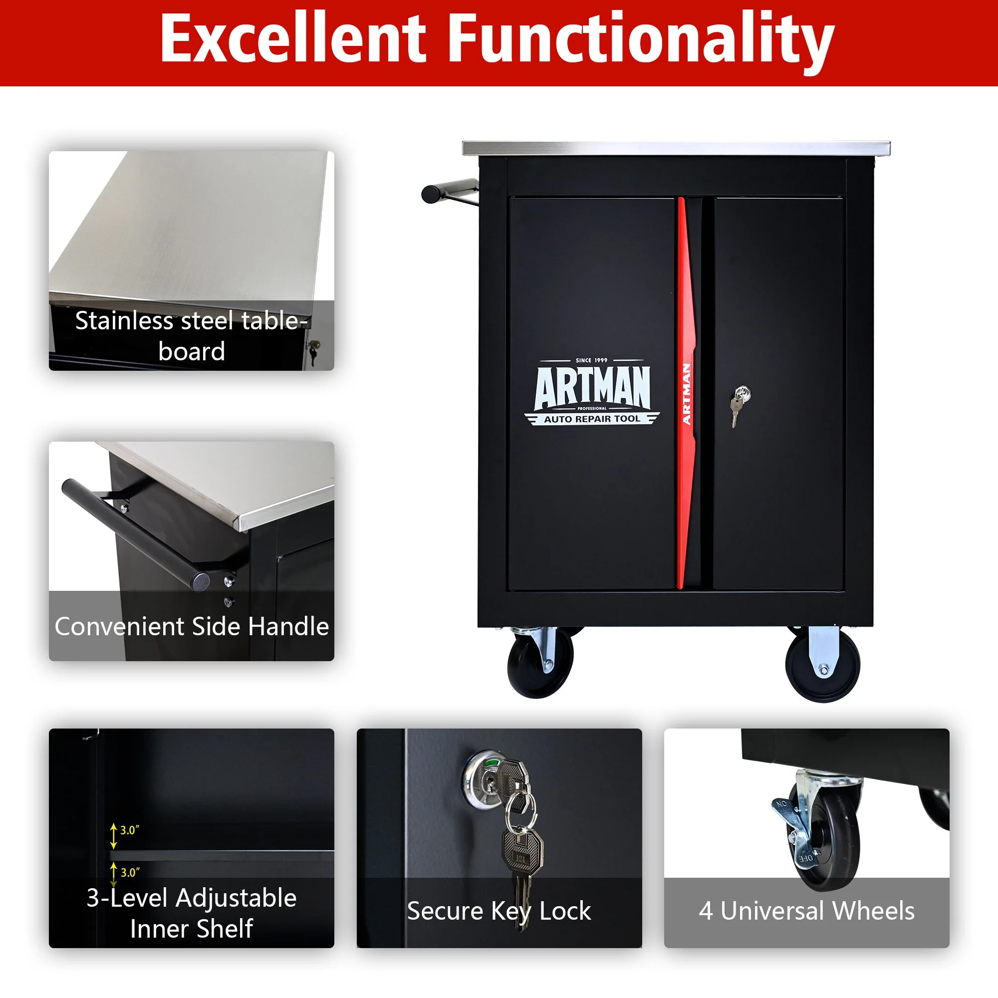 Double Door Clapboardl Multi Function Tool Cart - Black / Red - Image 3